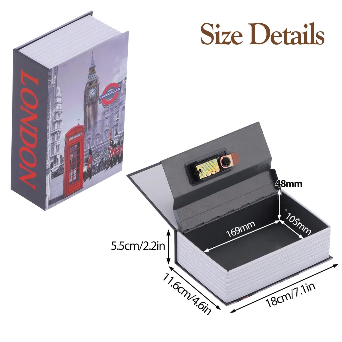 Libro Cassaforte con Combinazione, 18 x 12 x 5,5 cm Orologio di Londra Libri Cassetta Segreto armadietto di Sicurezza Scrigno Portavalori per Money Gioielli in Contanti