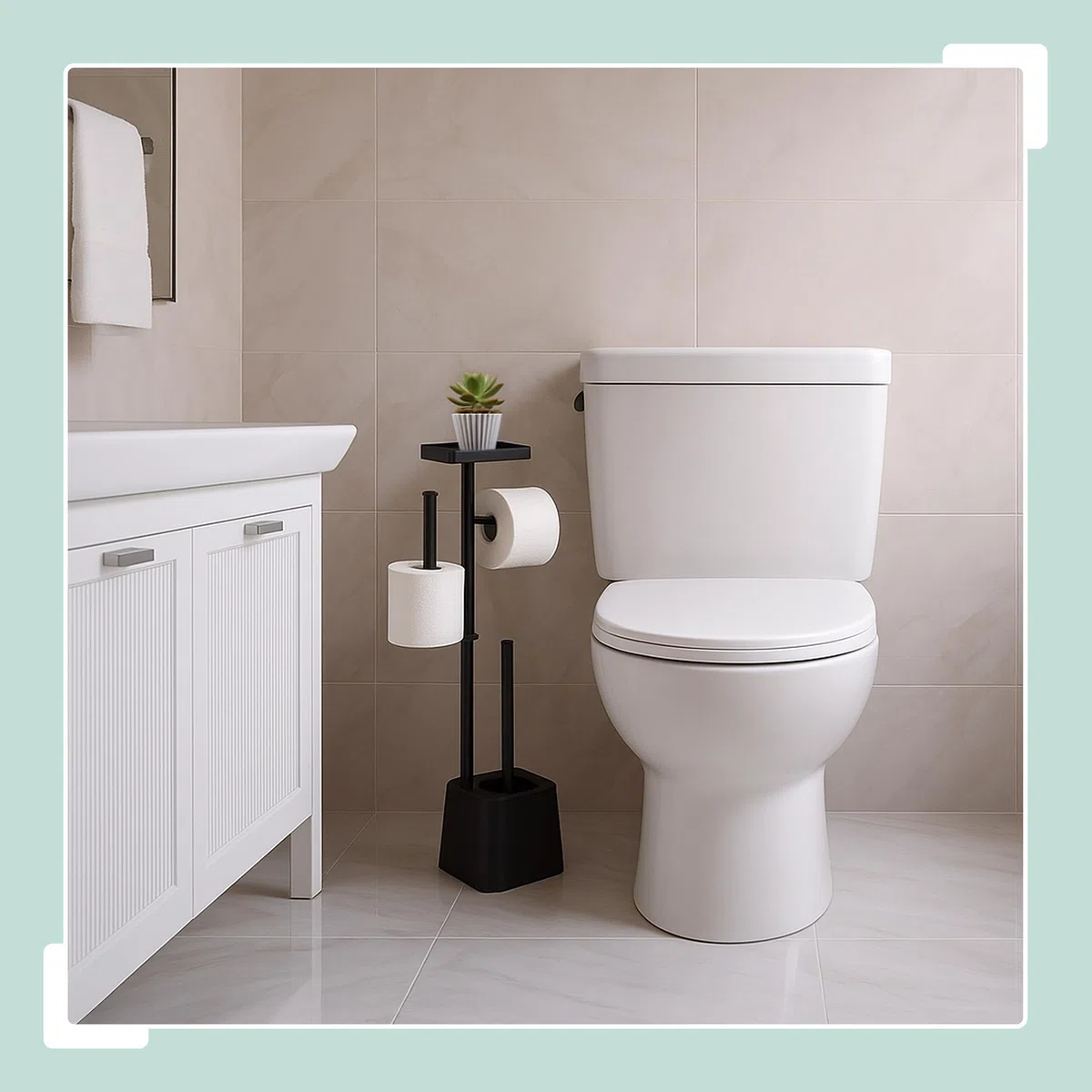 Relaxdays Piantana Portarotolo e Portascopino da Bagno, Porta Rotoli Carta Igienica, 65,5x29x11,5 cm, Acciaio, Bianco