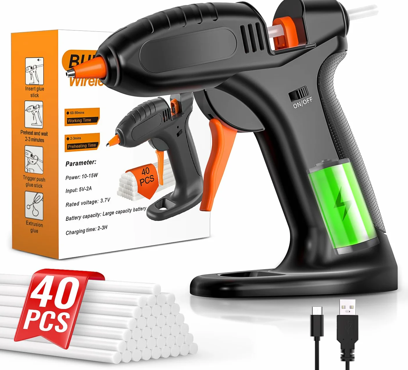 BURNNOVE Pistola per Colla a Caldo Senza Fili, Pistola per Colla a Caldo a 3000mAh Batteria Cavo di Ricarica USB-C 40 Bastoncini di Colla da 7 x 150mm per Lavori Fai da Te Riparazioni Rapide