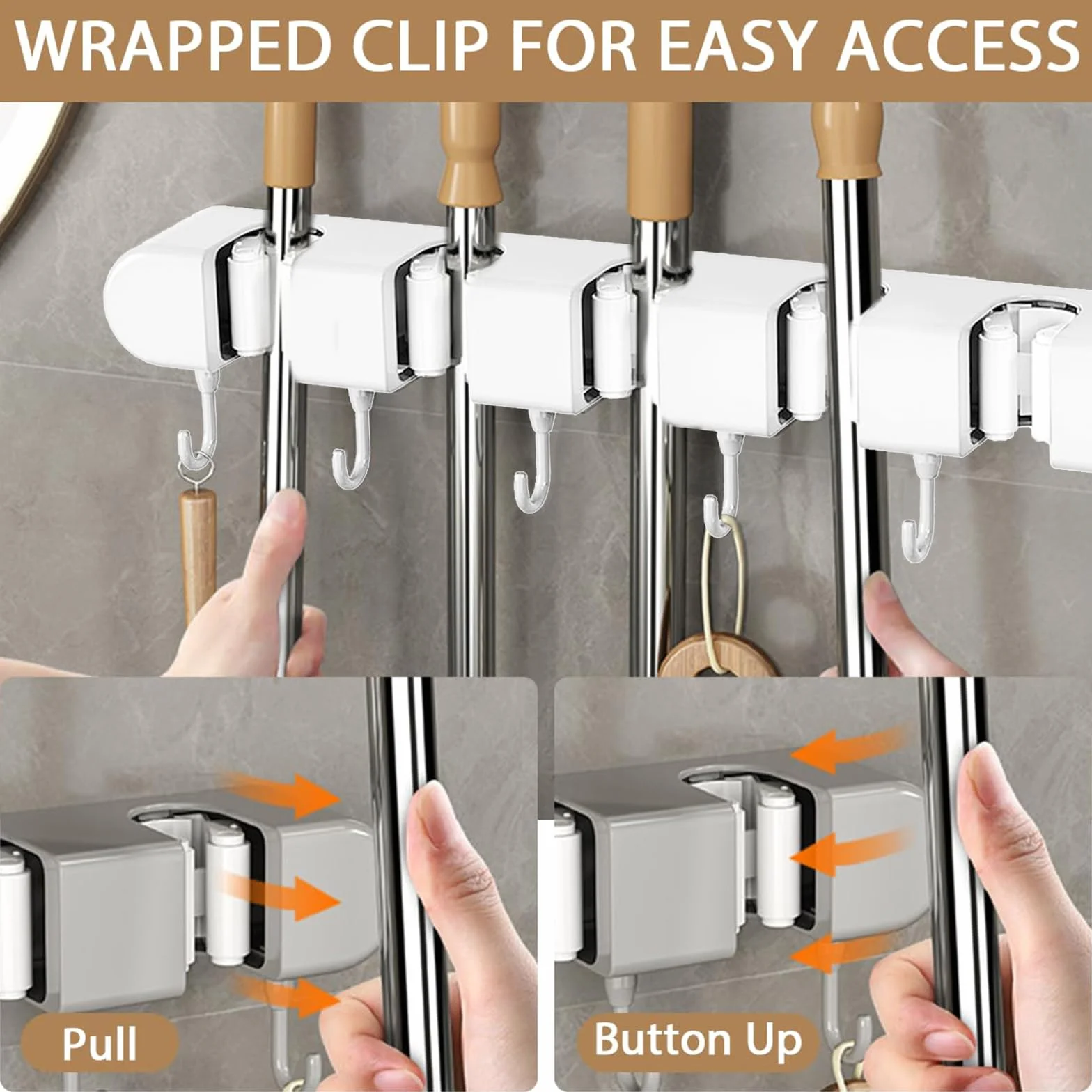 Porta Scope Parete, Portascope da Muro, con 5 Supporti 6 Ganci, Autoadesivo Appendi Scope a Muro, Ganci Porta Attrezzi Giardino, Portascope Muros Appendibile, per Cucina, Garage, Bagno(Bianco)