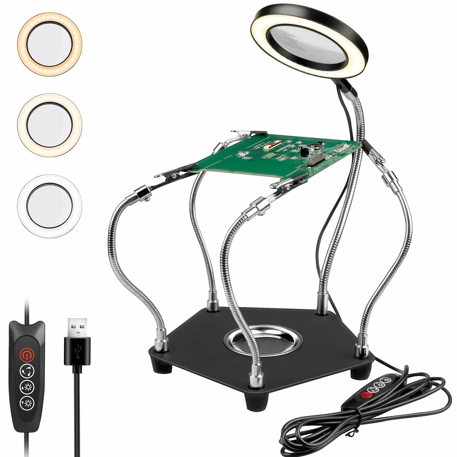 Terza Mano Saldatura,Lytool Stazione Saldatura per Mani d'Aiuto,con Lente d'Ingrandimento 3X LED Dimmerabile,Saldatura Flessibile per Mani d'Aiuto con 4 Bracci di Supporto per Riparazioni di Saldatura