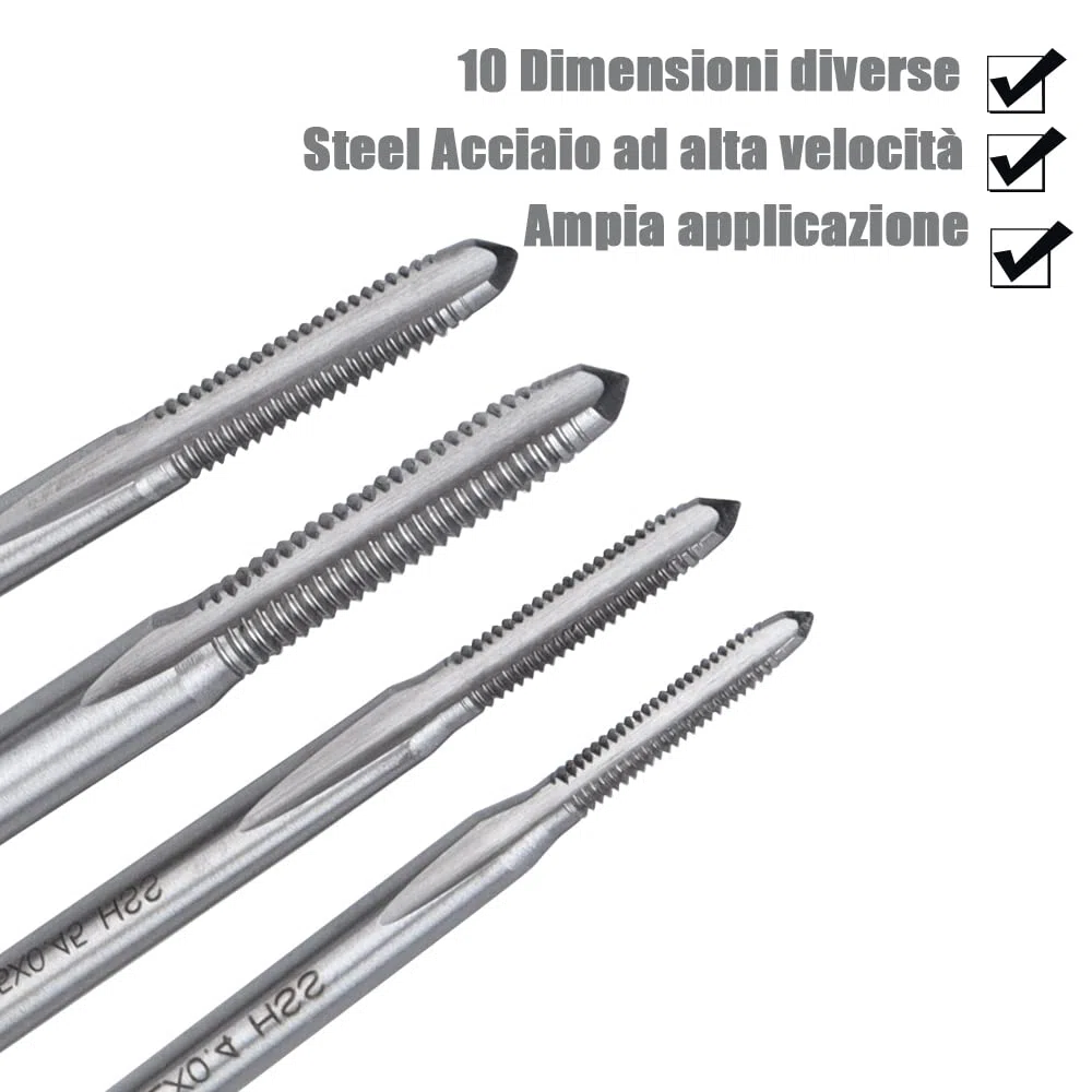 10 Pezzi Maschi per Filettare M1, M1.2, M1.4, M1.6, M1.7, M1.8, M2, M2.5, M3, M3.5, Maschi a Scanalature Diritte per Macchine Utensili ad Alta Velocità in Acciaio Metrico