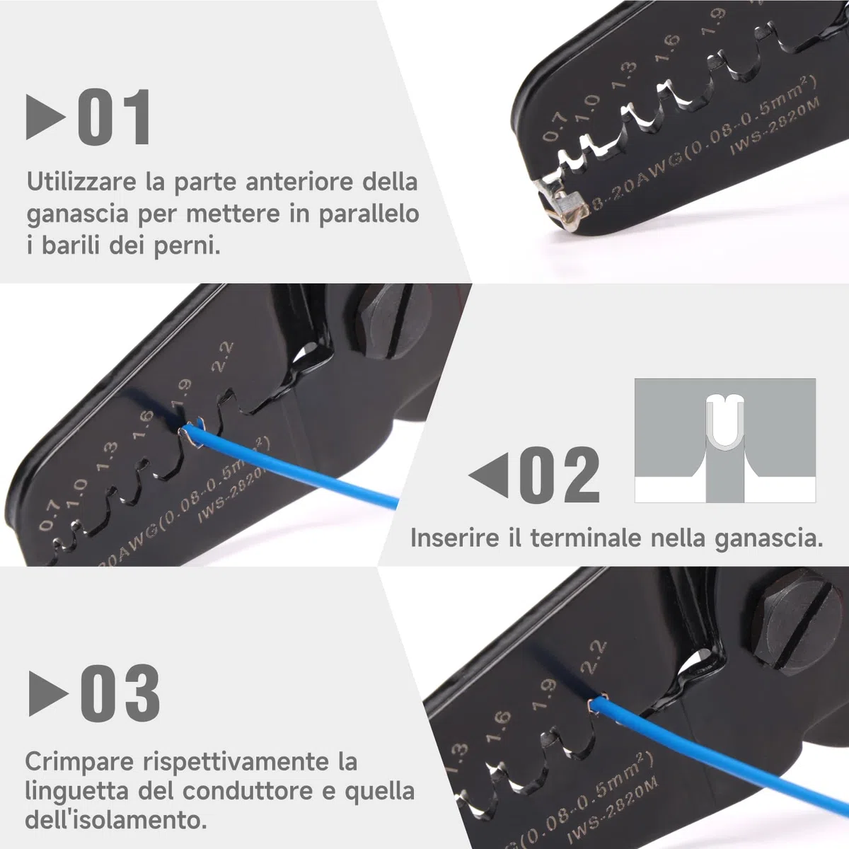 iCrimp IWS-2820M Mini strumenti di crimpatura a barile aperto per micro cavi 0,08-0,5 mm². Compatibili con terminali e connettori JAM, Molex, Tyco e JST