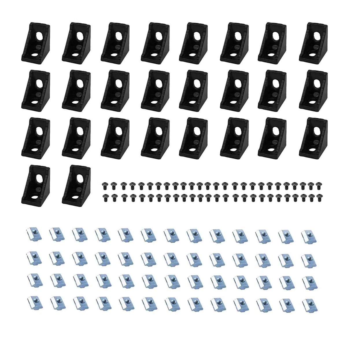 Set di 26 staffe angolari 2020 con 52 dadi a T M5, 52 viti a testa esagonale M5 x 8 mm e 2 chiavi M3 per profilo di estrusione in alluminio serie 2020 nero