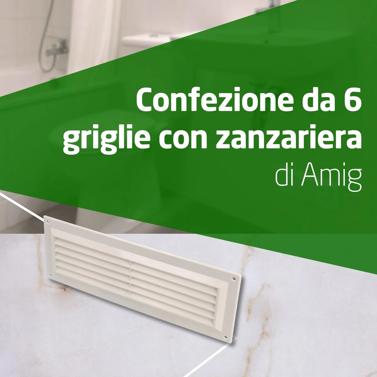 Amig - Set di 6 griglie di ventilazione rettangolari in plastica con zanzariera - Ideali per cucina e bagno - 260x90 mm - Bianco