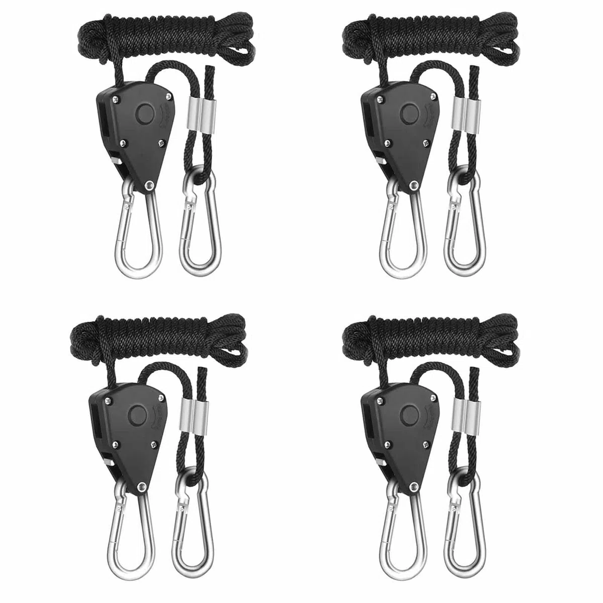 Confezione da 4 ganci a cricchetto, corda regolabile a cricchetto, 1/8 pollici, robusta clip per puleggia per gancio e tenda, portata 68 kg/150 lbs