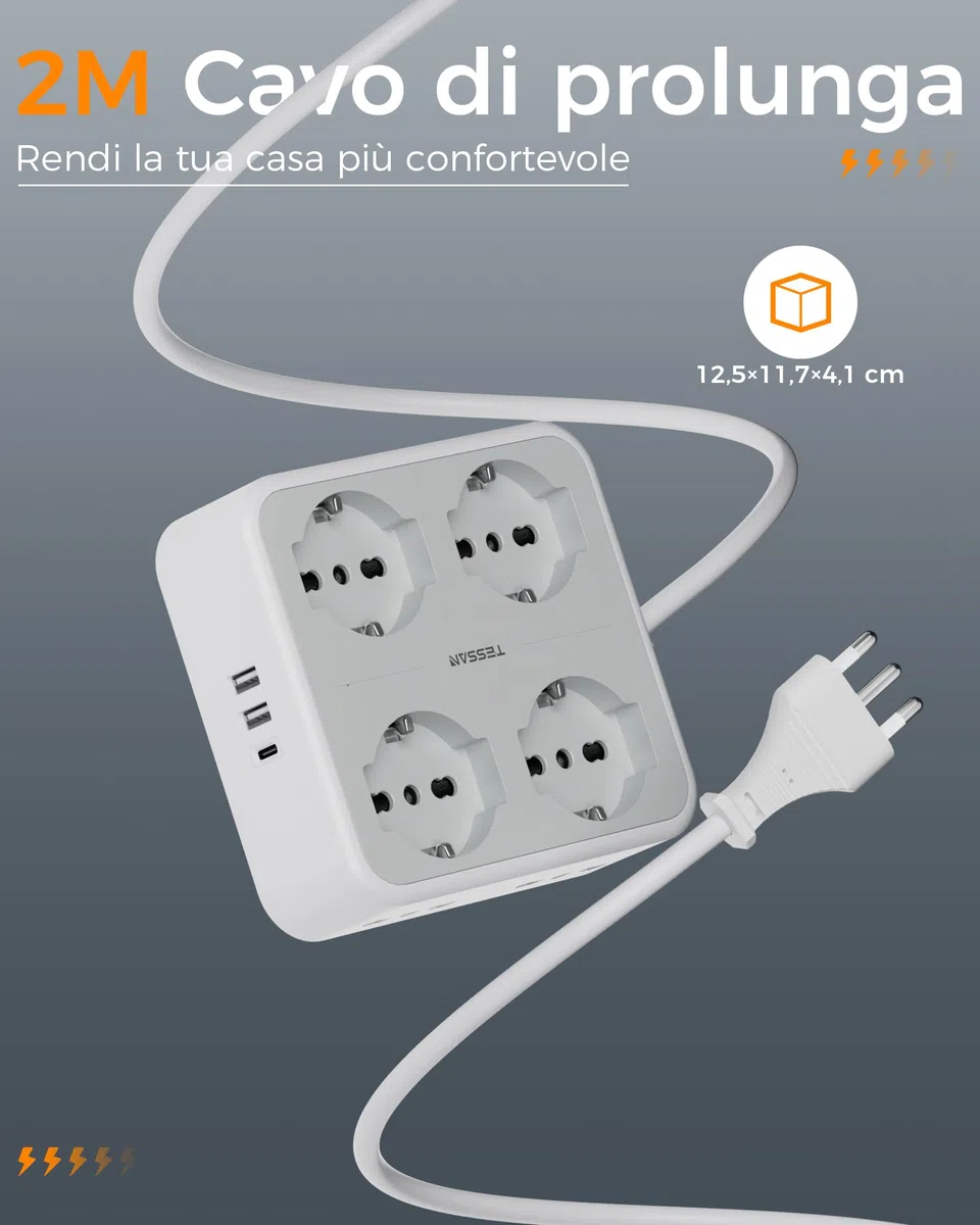 TESSAN Ciabatta Multipresa con USB C, Multipresa Elettrica con 8 Presa IT, Ciabatta Elettriche con Prolunga Elettrica 2 Metri, 3680W Presa Multipla con Interruttore, Grigio