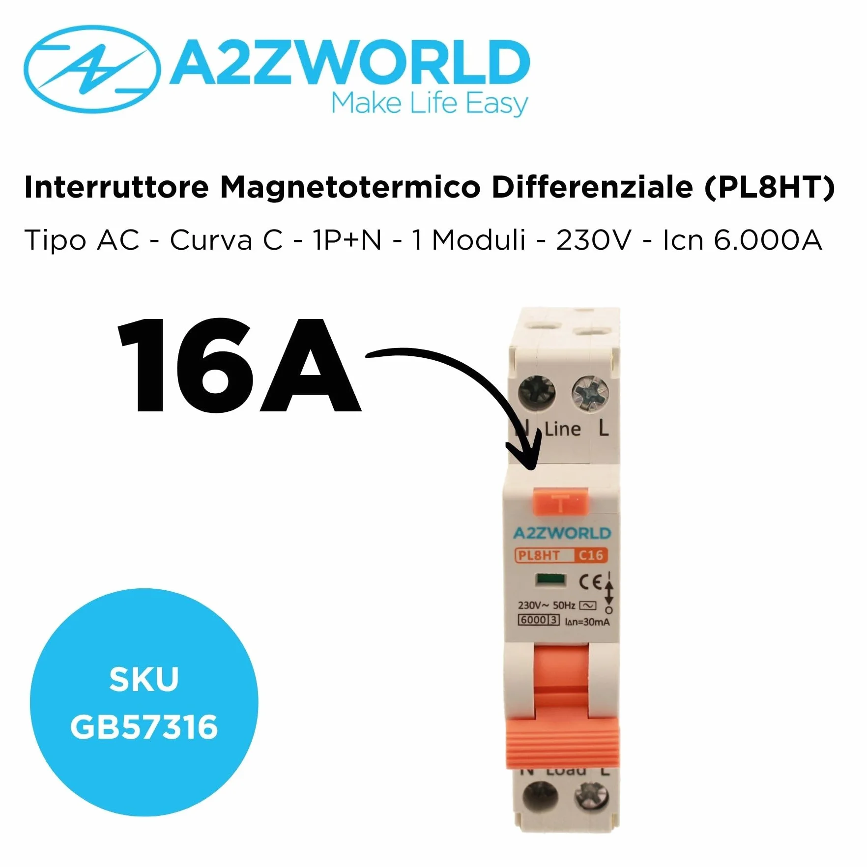 Interruttore Magnetotermico Differenziale 16A C16, Tipo AC Curva C, 1P+N 6kA 30mA 220V, RCBO Slim, Occupa Solo 1 Modulo DIN