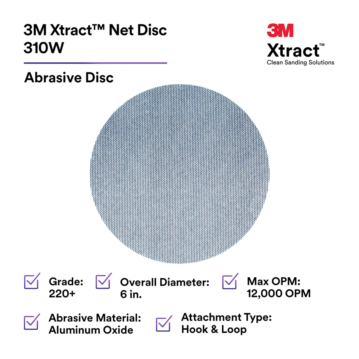 3M Xtract Net Disc 310W, 220+, 6", Die 600Z, confezione da 50 dischi abrasivi con gancio e anello, praticamente privi di polvere, opzione conveniente per metallo, legno, compositi, rimozione di scorte