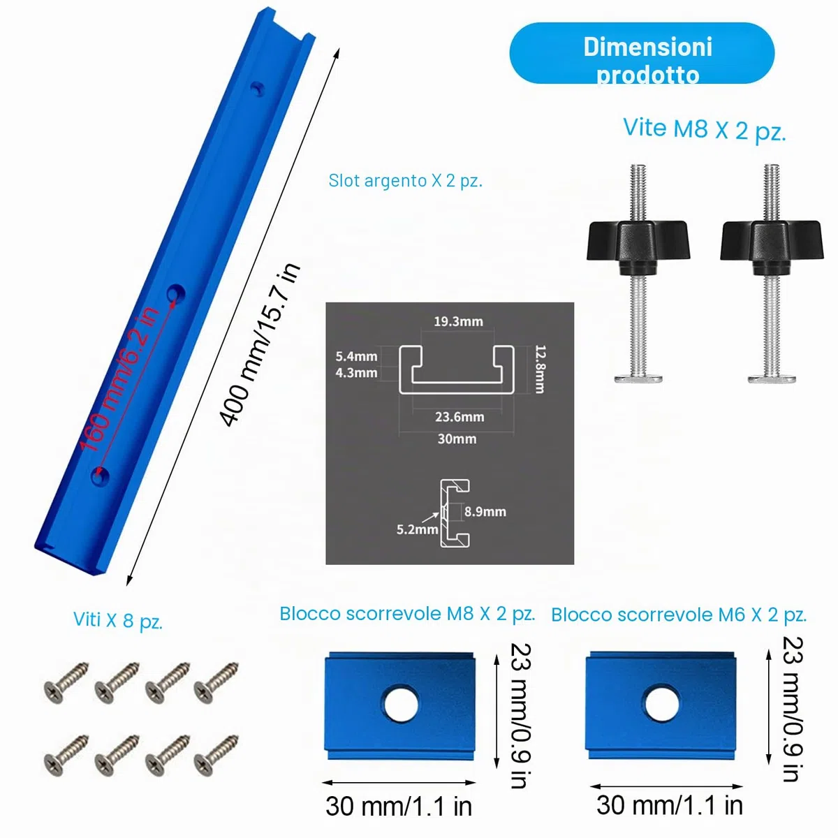 2 Pezzi 400 mm T-Track Profilo Alluminio, Lega Di Alluminio Mitra Track Jig Fixture Slot, 2 Manici M8, M8/M6 T Track Dado Scorrevole, per La Sega a Banco di la, Falegnameria