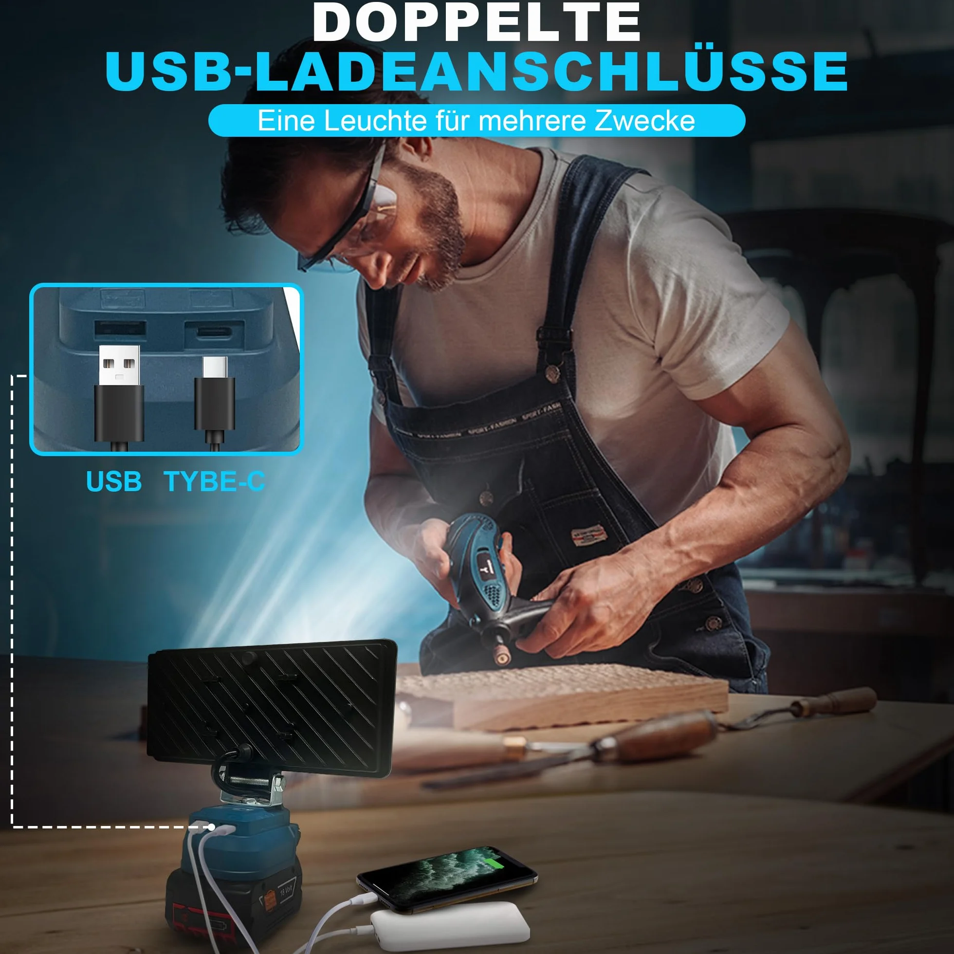 Lampada a LED per batteria Bosch da 18 V, 96 W, 6800 lm, con USB + tipo C (senza batteria)