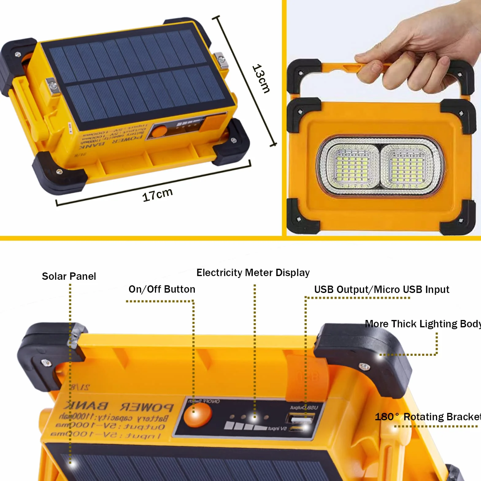 Faro Luce LED Ricaricabile 80W, Faretto LED da Portatile con USB, 4 Modalità Luci da Lavoro Campeggio Impermeabile Lampcon Batteria Ricaricabile Integrata 10000 mAh per Cantiere, Riparazioni Auto