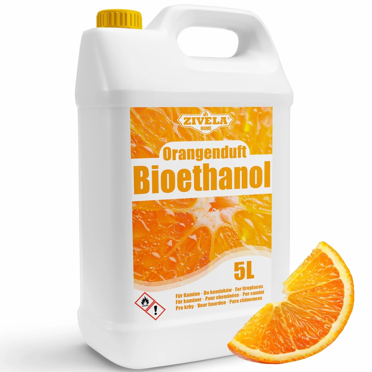 BIOETANOLO 96,6 % 5 l | Alcool bio profumato a arancia | Per caminetto, caminetto da tavolo, caminetto a bioetanolo | Fiamma vivace e stabile
