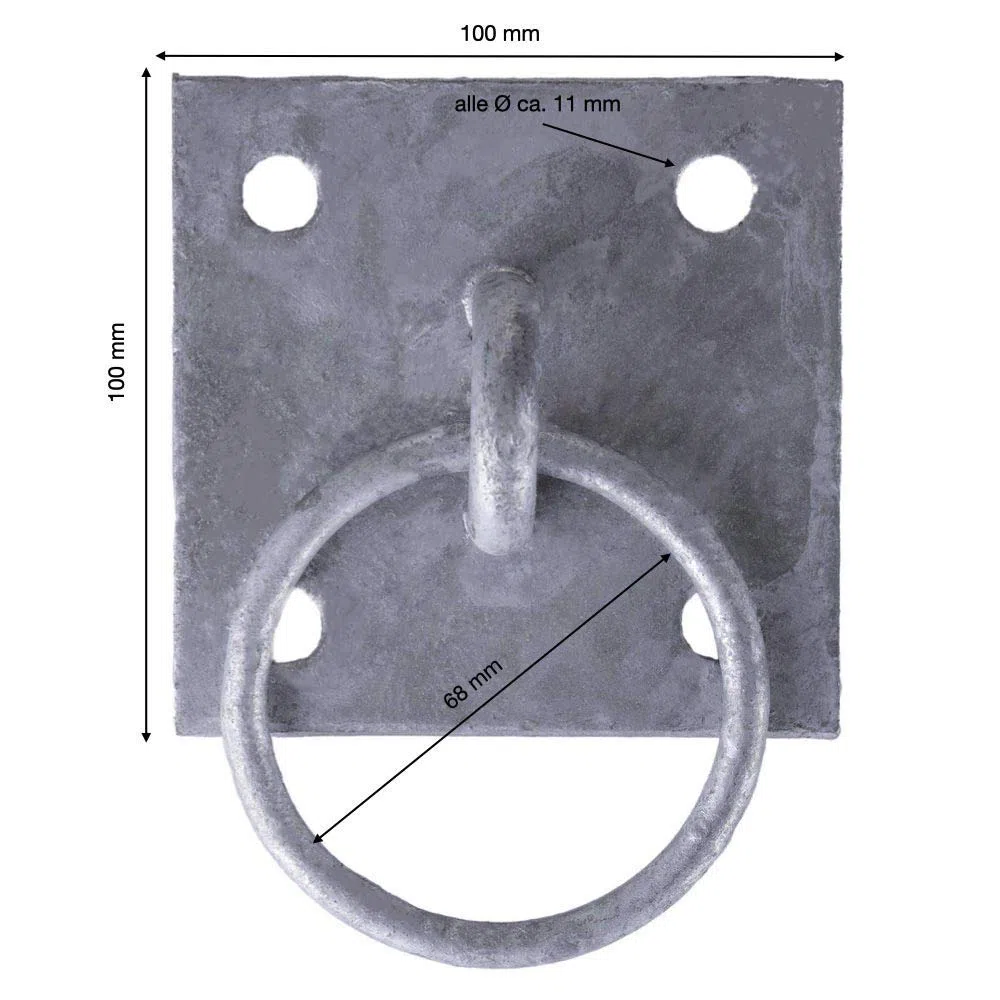 2x Anello di ancoraggio Ø 68 mm con piastra quadrata 100 x 100 mm zincato a caldo in acciaio – Anello di fissaggio robusto per giardino, stalla e officina