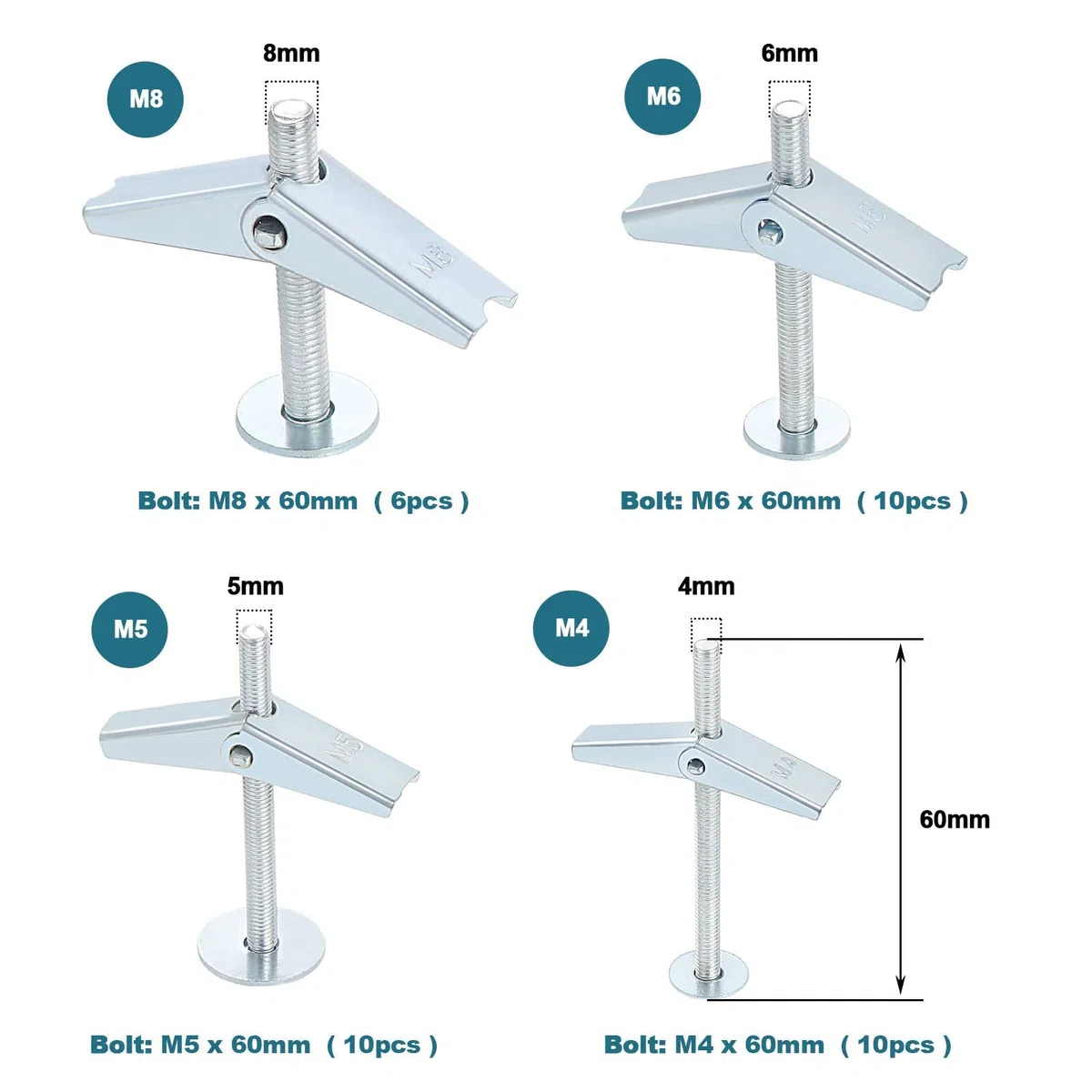 HSEAMALL 36PCS M4 M5 M6 M8 Set di bulloni a levetta e dadi ad alette per il fissaggio di pareti vuote in cartongesso e pareti a secco