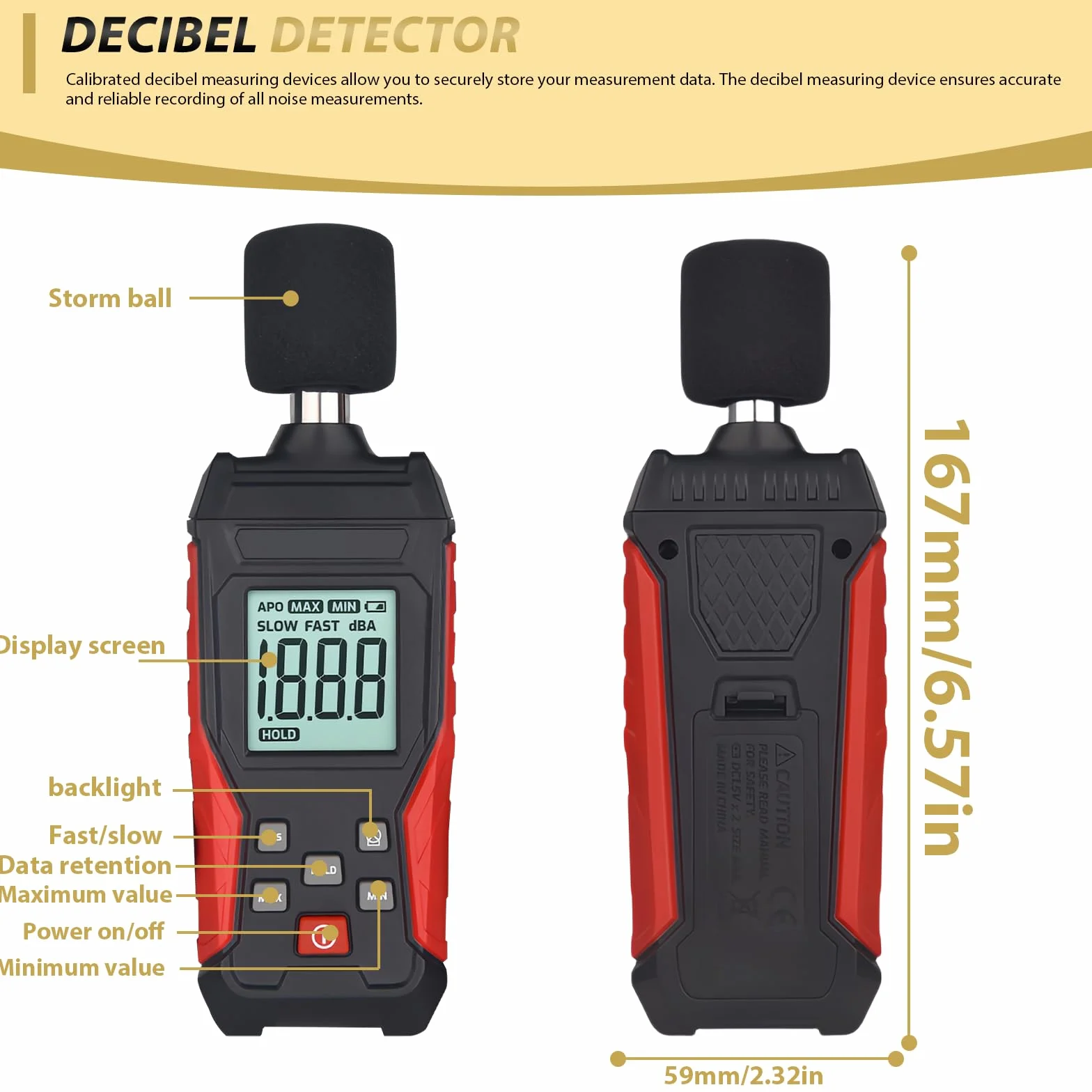 Misuratore di Decibel Professionale con Memorizzazione Dati | Fonometro Digitale Portatile | Misuratore di Livello Sonoro 30-130 dB(A/C) per Casa, Cantiere, Ufficio | Display LCD con Illuminazione