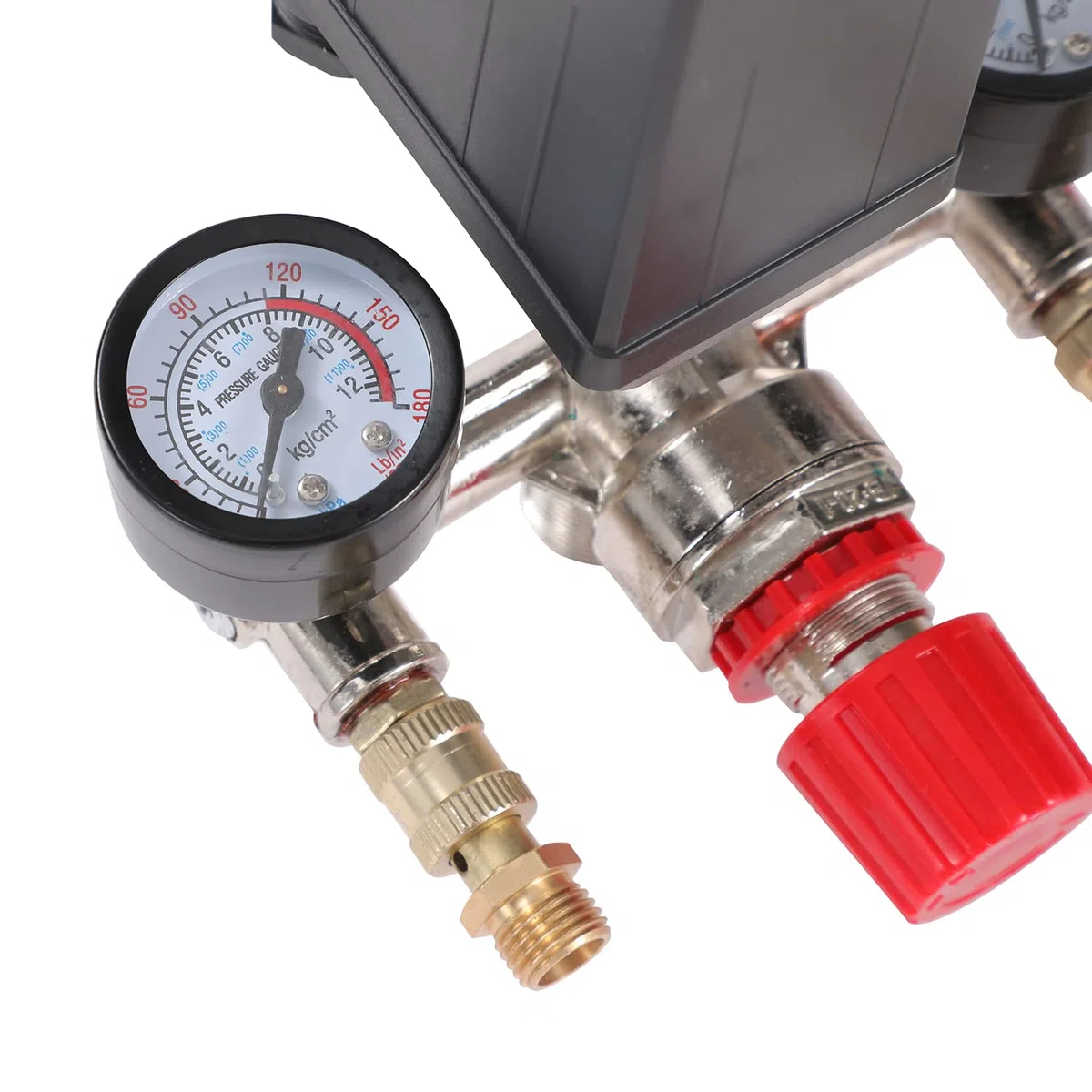 ORAZIO Interruttore di Controllo della Pressione del Compressore d'Aria G1/4" con Doppia Uscita e Valvola di Sicurezza Regolatore di Manometri Accessorio per Utensili Pneumatici