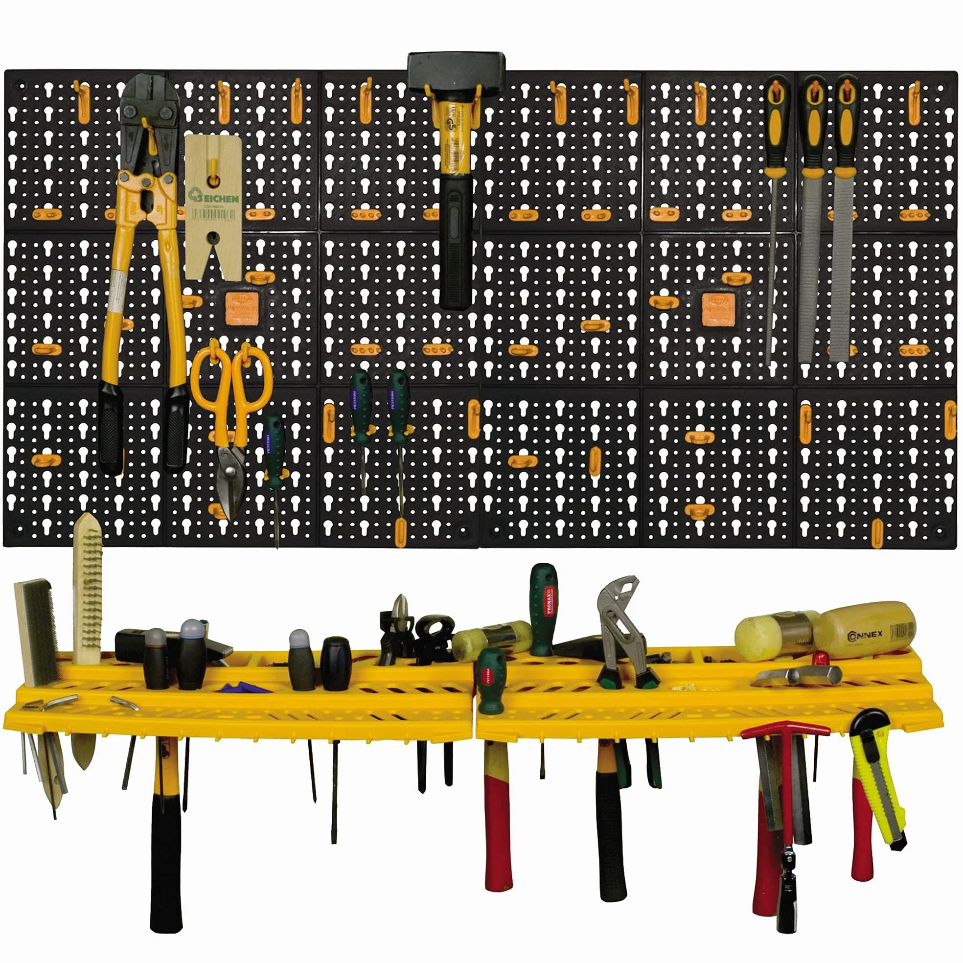 Art Plast Kit due pannelli per attrezzi 50x50 cm completi di due mensole e 50 ganci assortiti, in plastica, nero/arancione