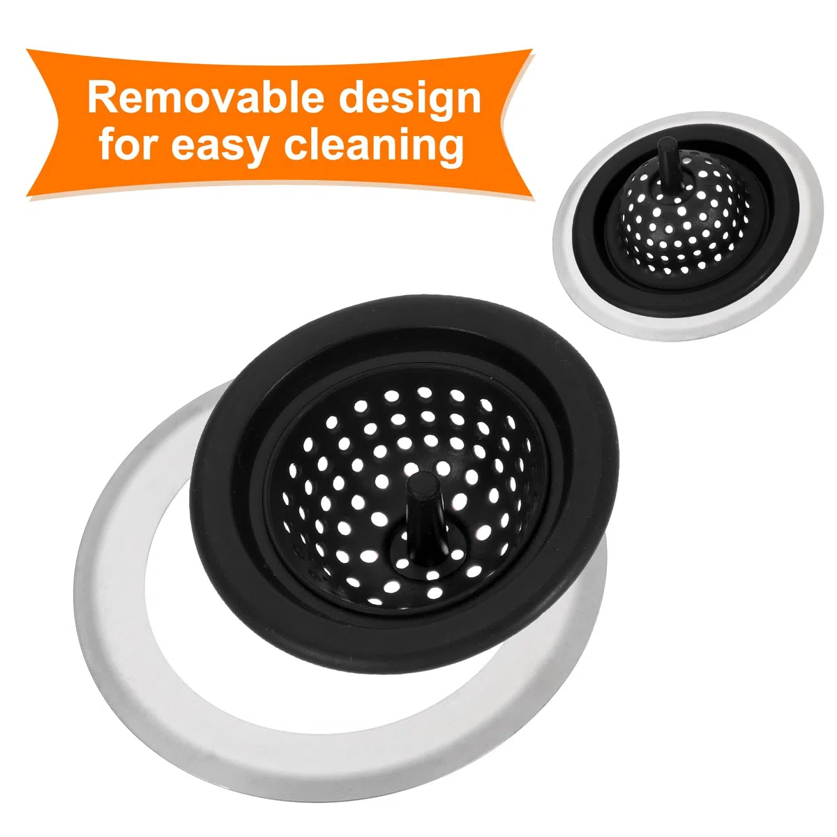 QUARKZMAN Filtro per Lavello in Silicone, 2 Pezzi Filtro per Scarico Lavello da Cucina con Bordo Rimovibile in Acciaio Inossidabile, Diametro 4.7", Nero