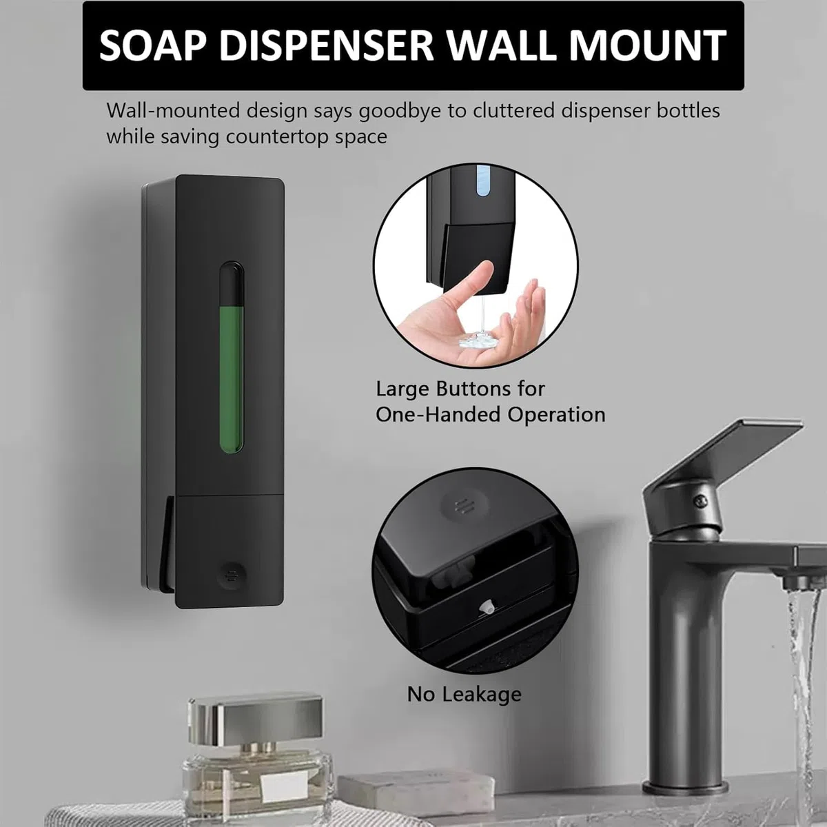 Dispenser per sapone a mano singolo, montato a parete, 400 ml, pompa per doccia nera, distributore di sapone liquido trasparente ricaricabile, montaggio senza fori con colla o fissaggio a parete con