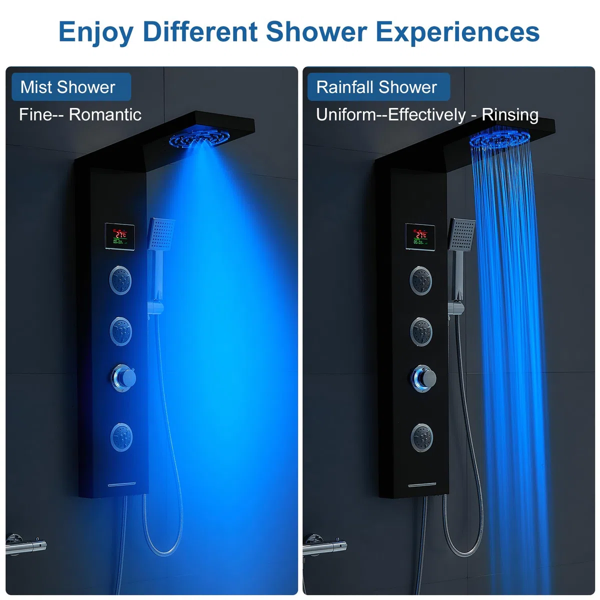 Pannello doccia a torre con display a LED della temperatura, sistema doccia nero senza rubinetto, 6 funzioni: doccia a pioggia e nebbia, 2 modalità di getto massaggiante per il corpo, acciaio