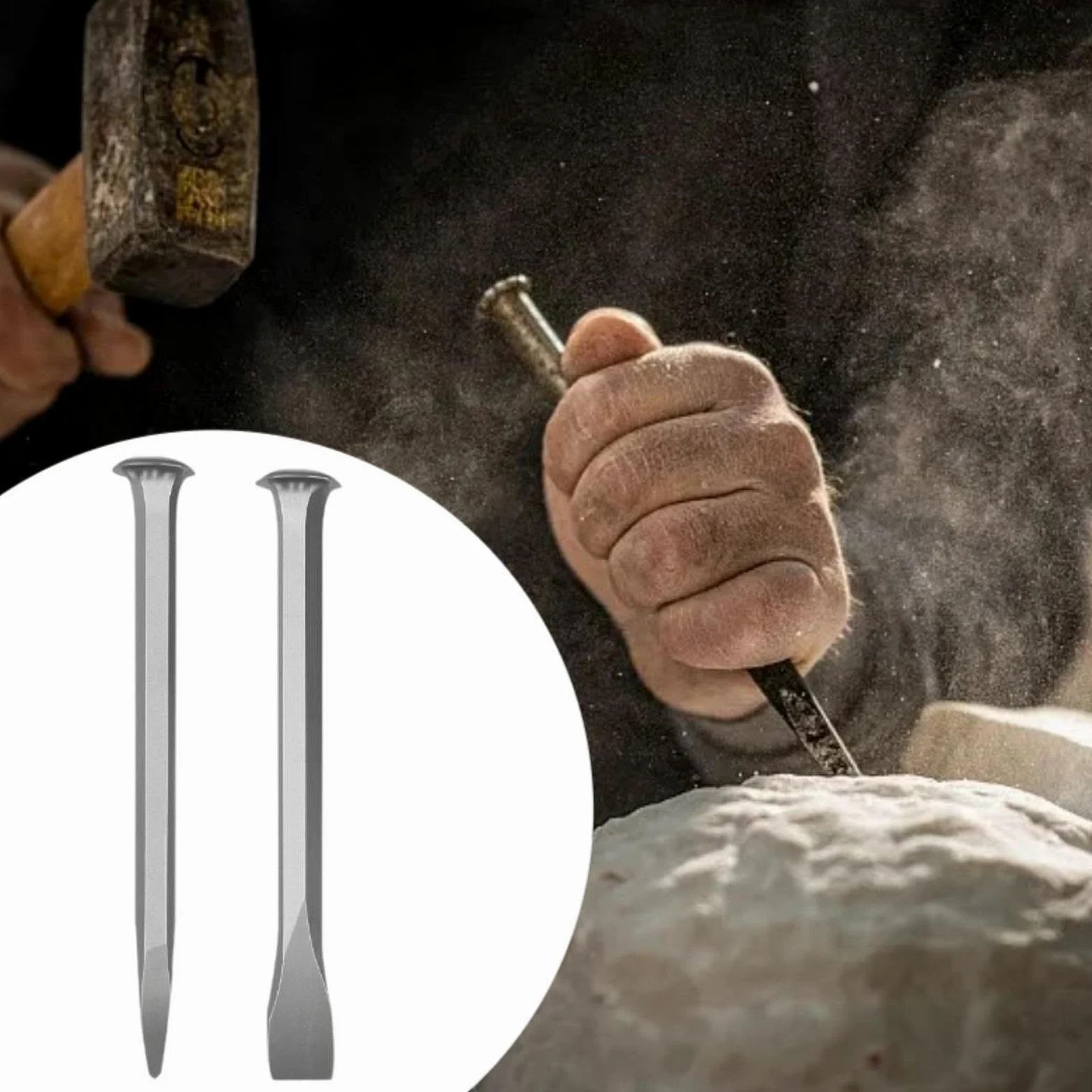 Gralara Set di 2 scalpelli per intaglio della pietra Scalpello per muratura Acciaio al carbonio Accessorio versatile per scalpello a mano da roccia piatto e, 250MM