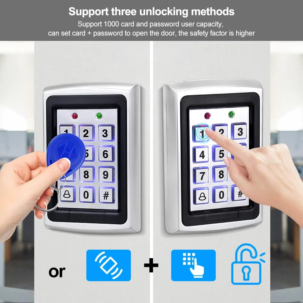 Sistema di controllo accessi RFID da 125 KHz con lettore di tastiera in metallo + copertura impermeabile + 10 portachiavi blu, supporta 1000 utenti, adatto per garage, uffici e porte di