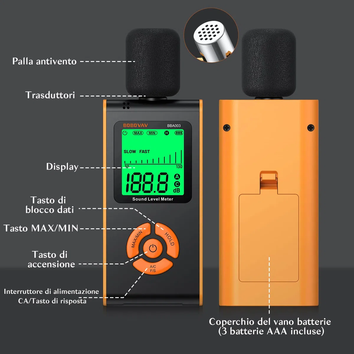 Fonometro Professionale con Ponderazione A/C, Misuratore SPL Portatile,Gamma 30-130 dB Display LCD Retroilluminato e Modalità FAST/SLOW per Fabbrica,Trasporto,Ufficio,Aula