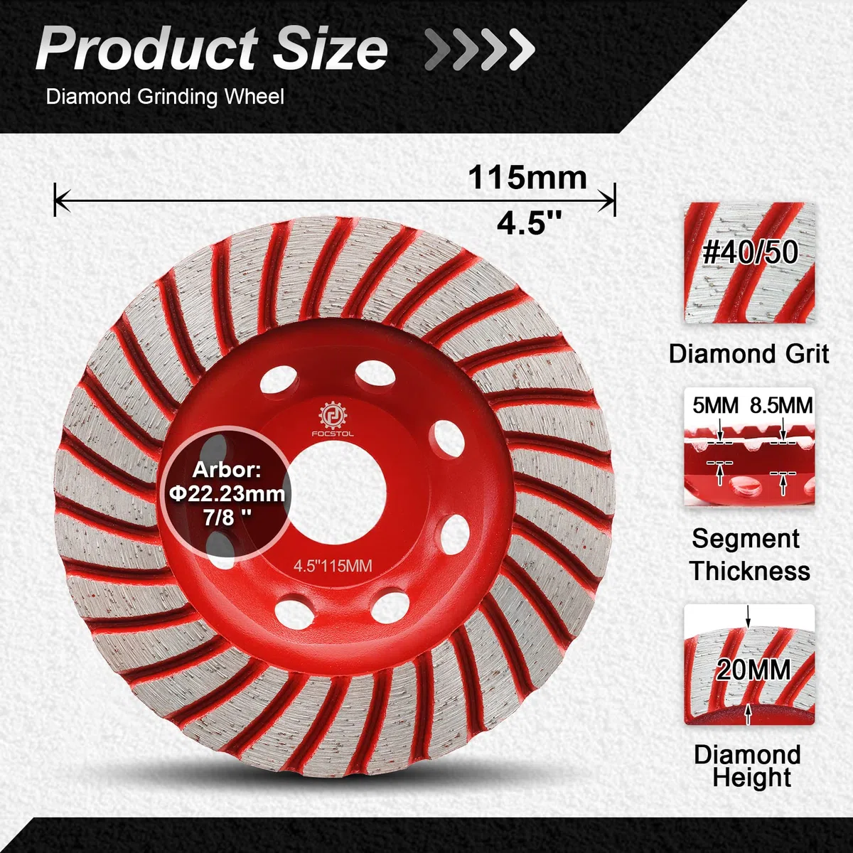 FOCSTOL Mola a Tazza Diamantata - 115mm Turbo Fila Disco Abrasivo Diamantato per Calcestruzzo Granito Marmo Muratura Pietra Artificiale per Smerigliatrice Angolare