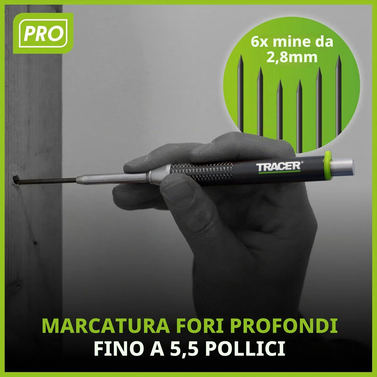 Tracer Pro Series Matita Alluminio Fori Profondi | Marcatura 145mm, 6 Mine Ricambio, Fondina Cantiere