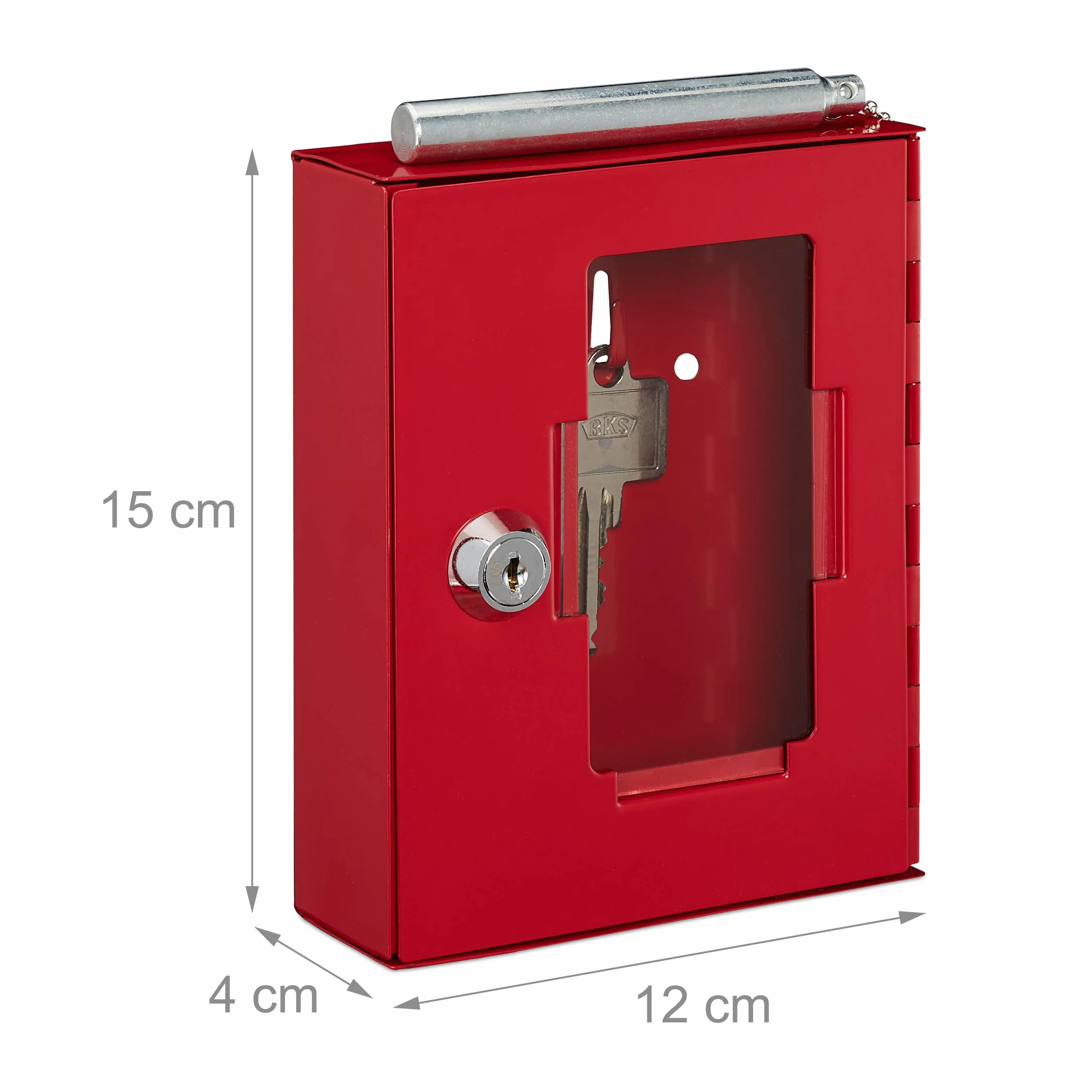 Relaxdays Cassetta con Chiave di Emergenza, con Martelletto Rompivetro, Chiudibile, Piccola Box, Metallo, Rosso