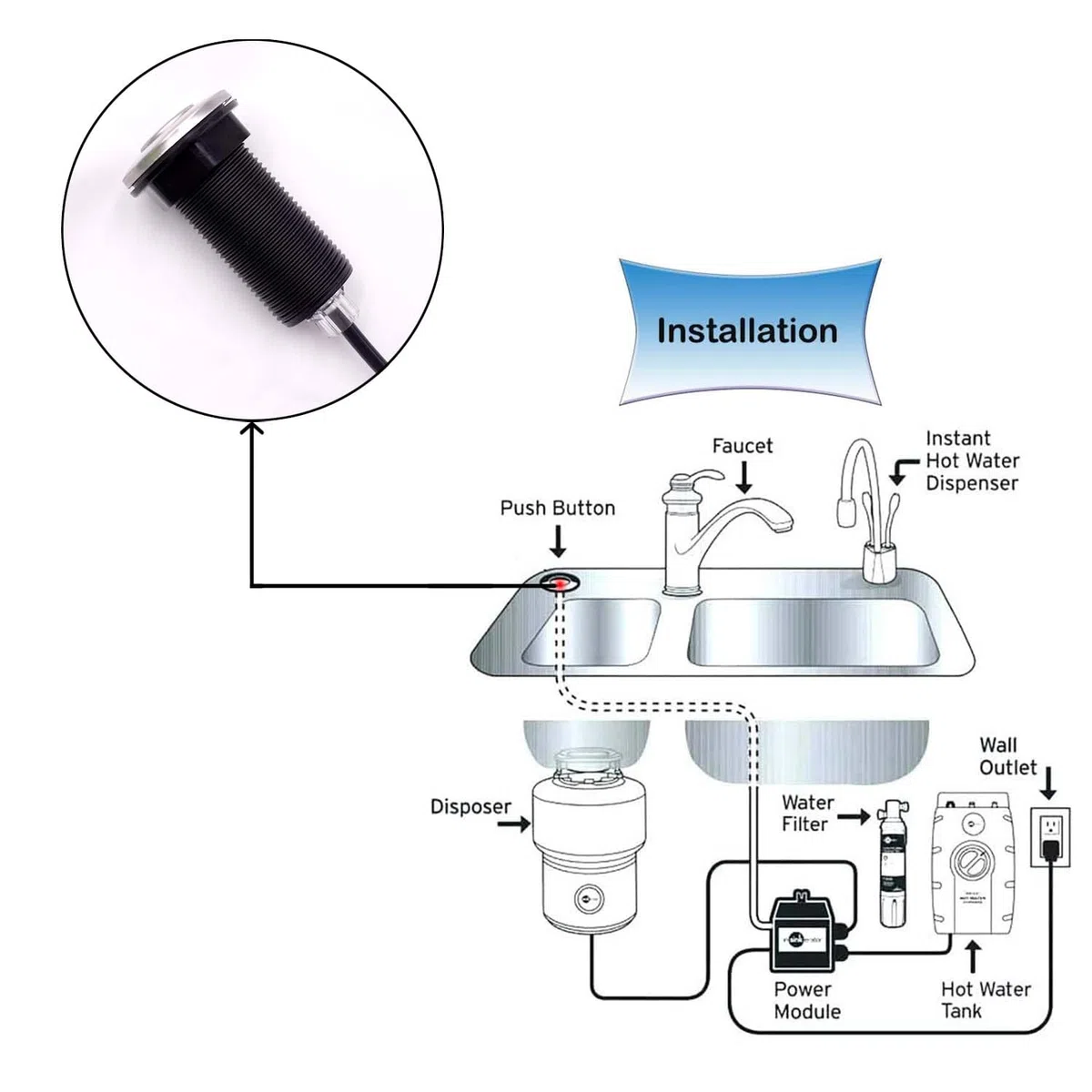 Pulsante per lo smaltimento dei rifiuti, pulsante per lo smaltimento dei rifiuti con tubo dell'aria, interruttore superiore del lavandino per lo smaltimento dei rifiuti InSinkErator, argento
