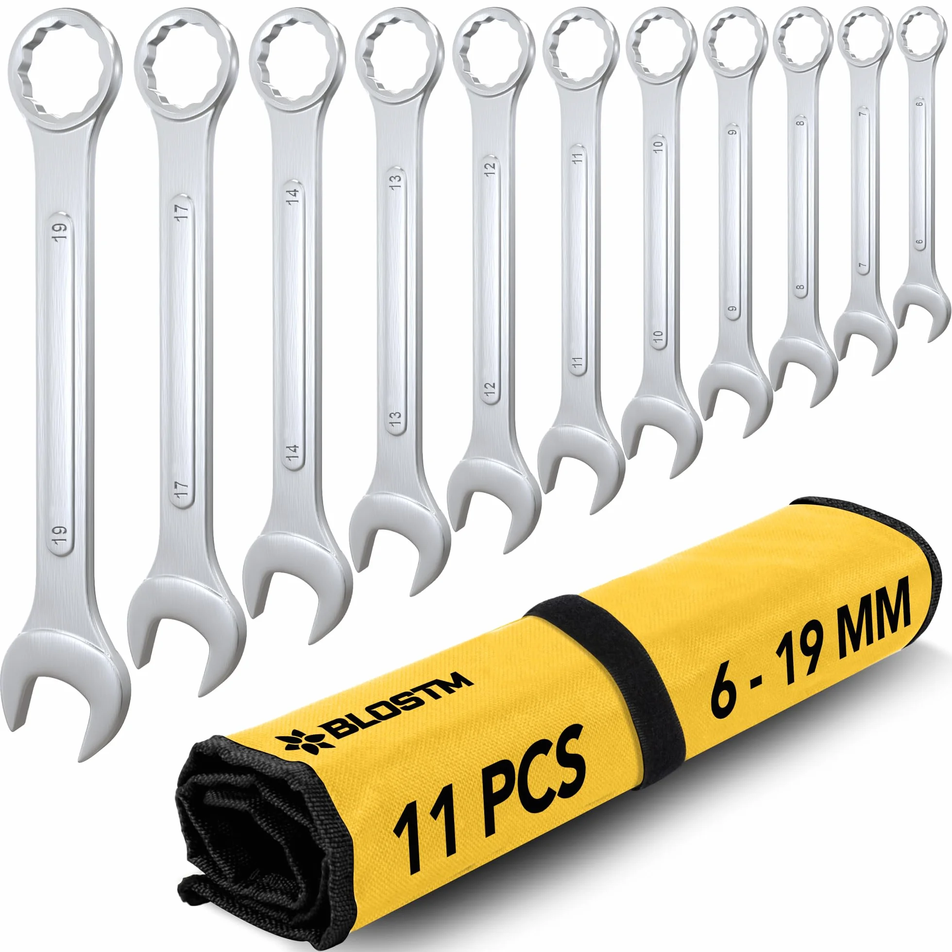 BLOSTM Set di Chiavi Combinate - Set di Chiavi 11 Pezzi (6 mm-19 mm), Cromate, Set di Chiavi Metriche a Doppia Estremità Forgiate a Goccia Include Custodia Arrotolabile - 11 PZ