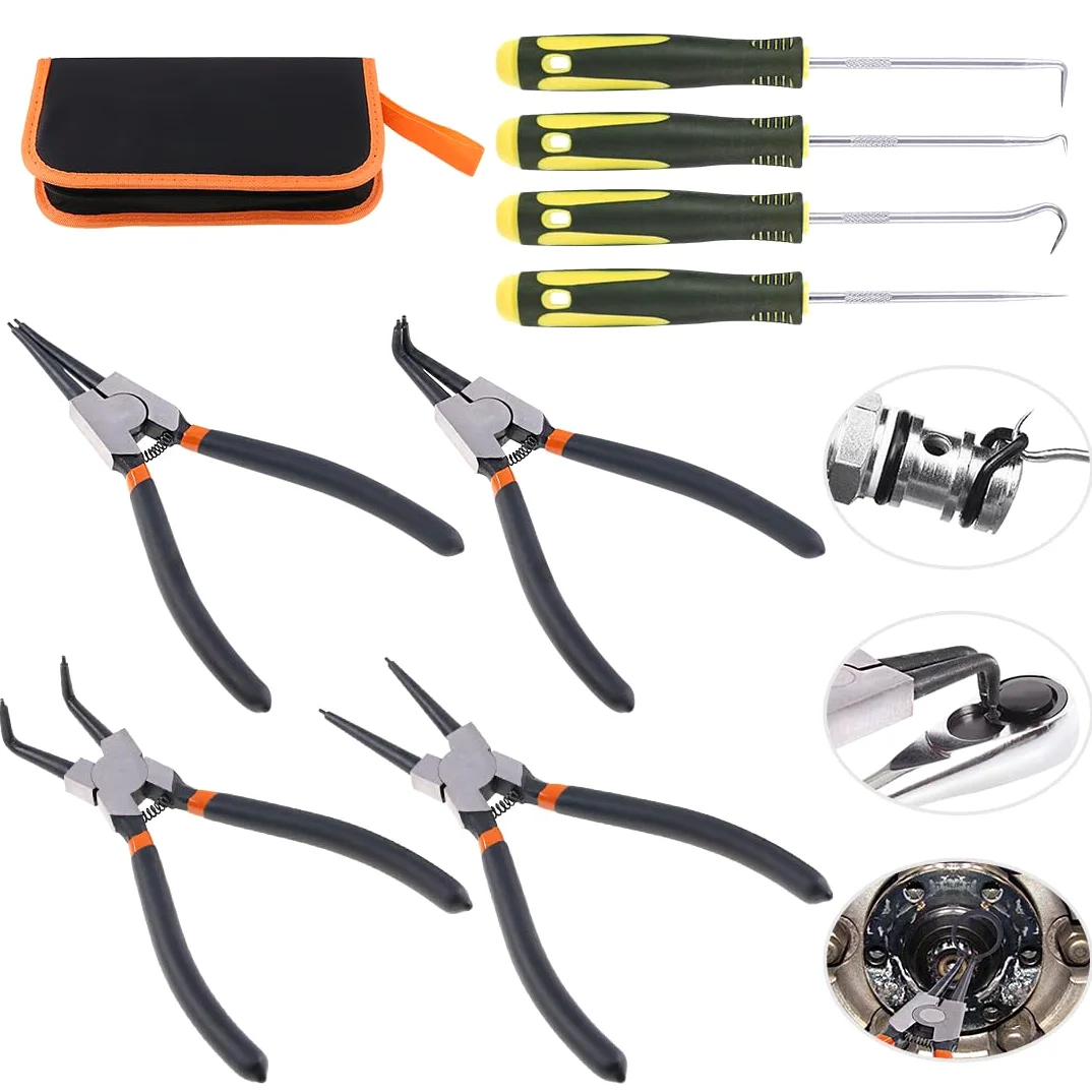 Swpeet 8 pinze ad anello a scatto con set di plettri e ganci, 4 pezzi pesanti per anelli di tenuta interna/esterna per anelli di tenuta ad olio set con 4 pezzi di precisione set di plettri e