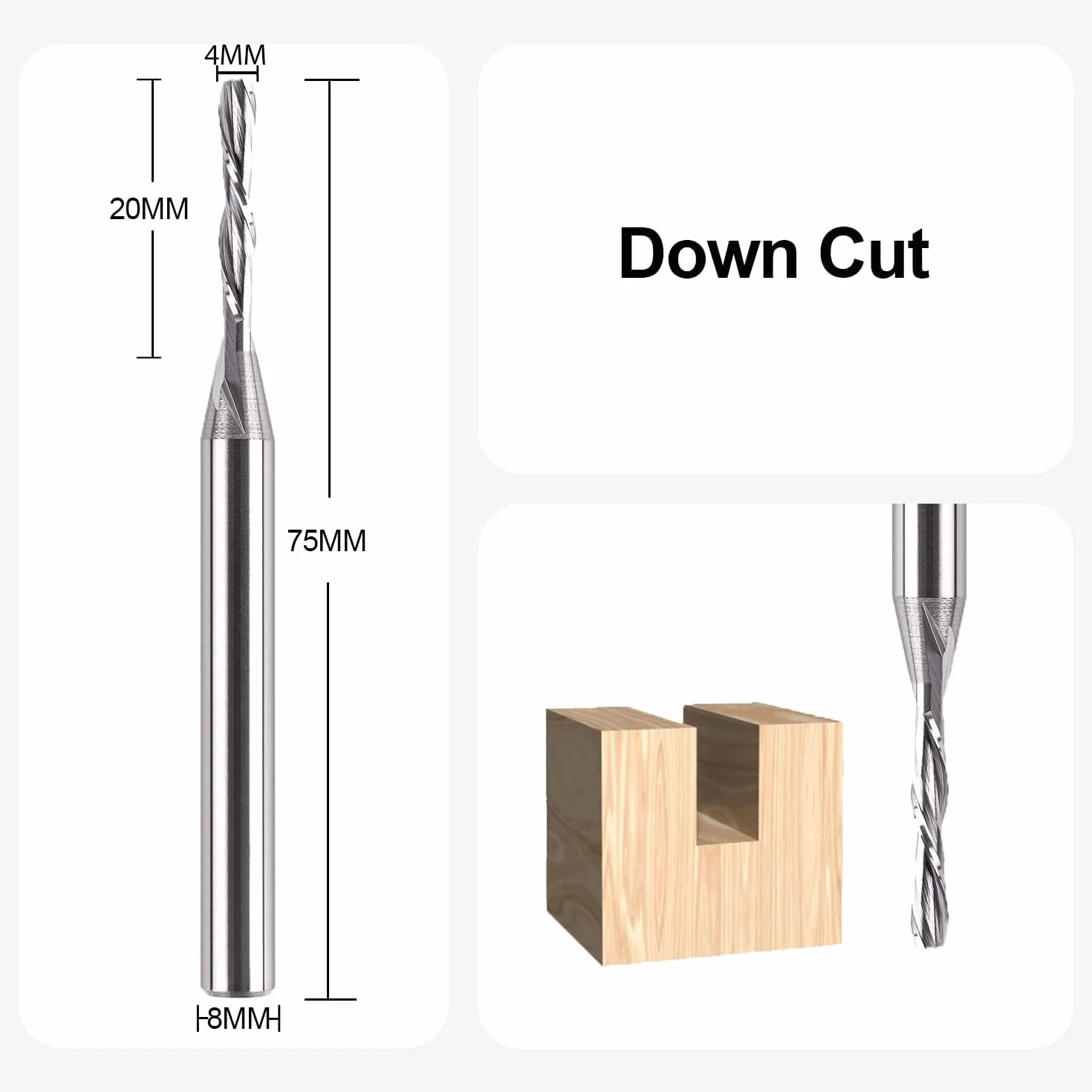 SpeTool Frese per Legno Gambo 8mm Diametro di Taglio 4mm Fresa Elicoidale HRC55 Lunghezza di Taglio 20mm Downcut Frese a Spirale CNC Downcut Fresa per Scanalatura Canali 2 Flauto per Tagliare