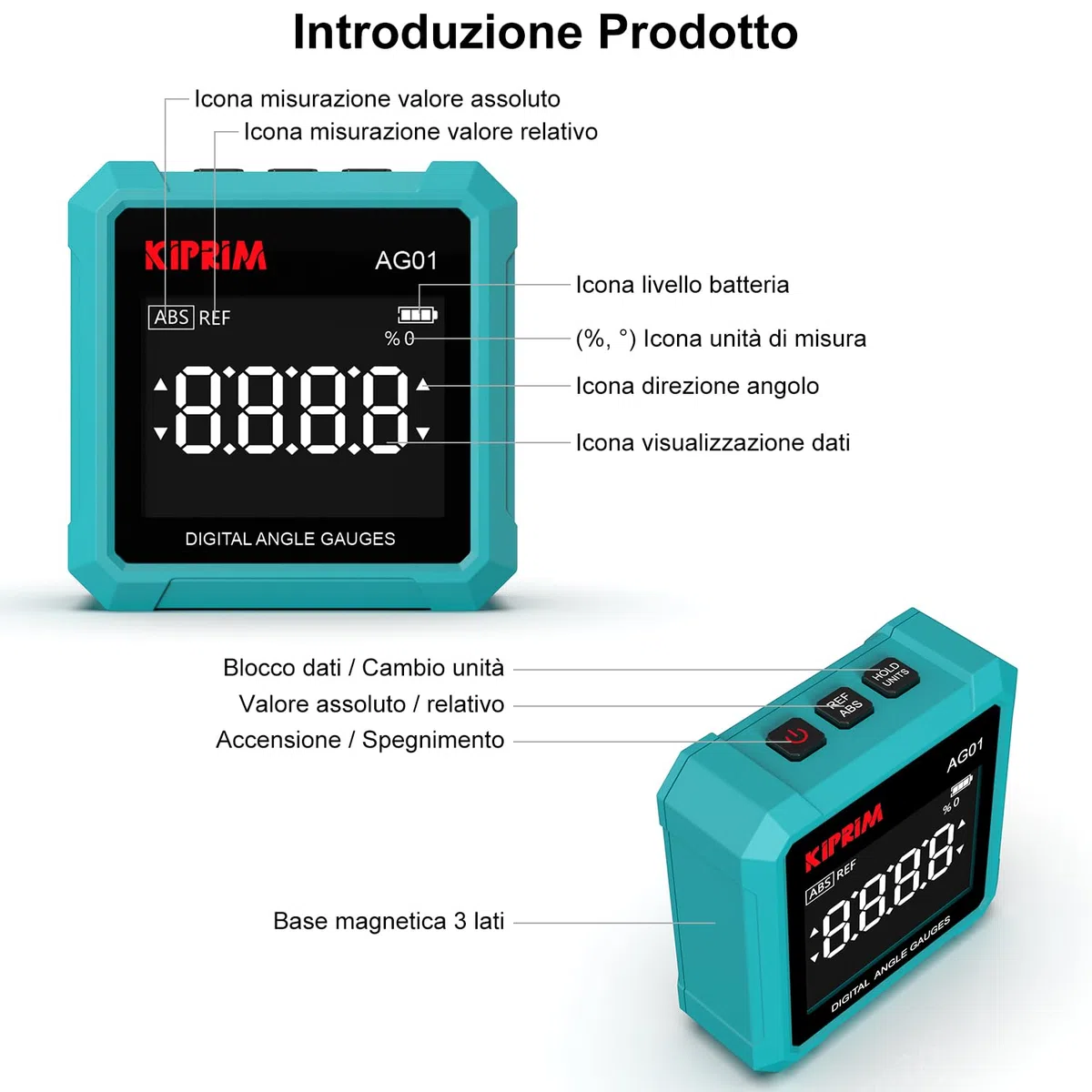 Kiprim Inclinometro Digitale AG01 – Livella Digitale con Piedino Magnetico a 3 Lati, Backlight LCD, Misurazione Assoluta/Relativa, Ideale per Lavori di Legno, Edilizia & Fai-da-te