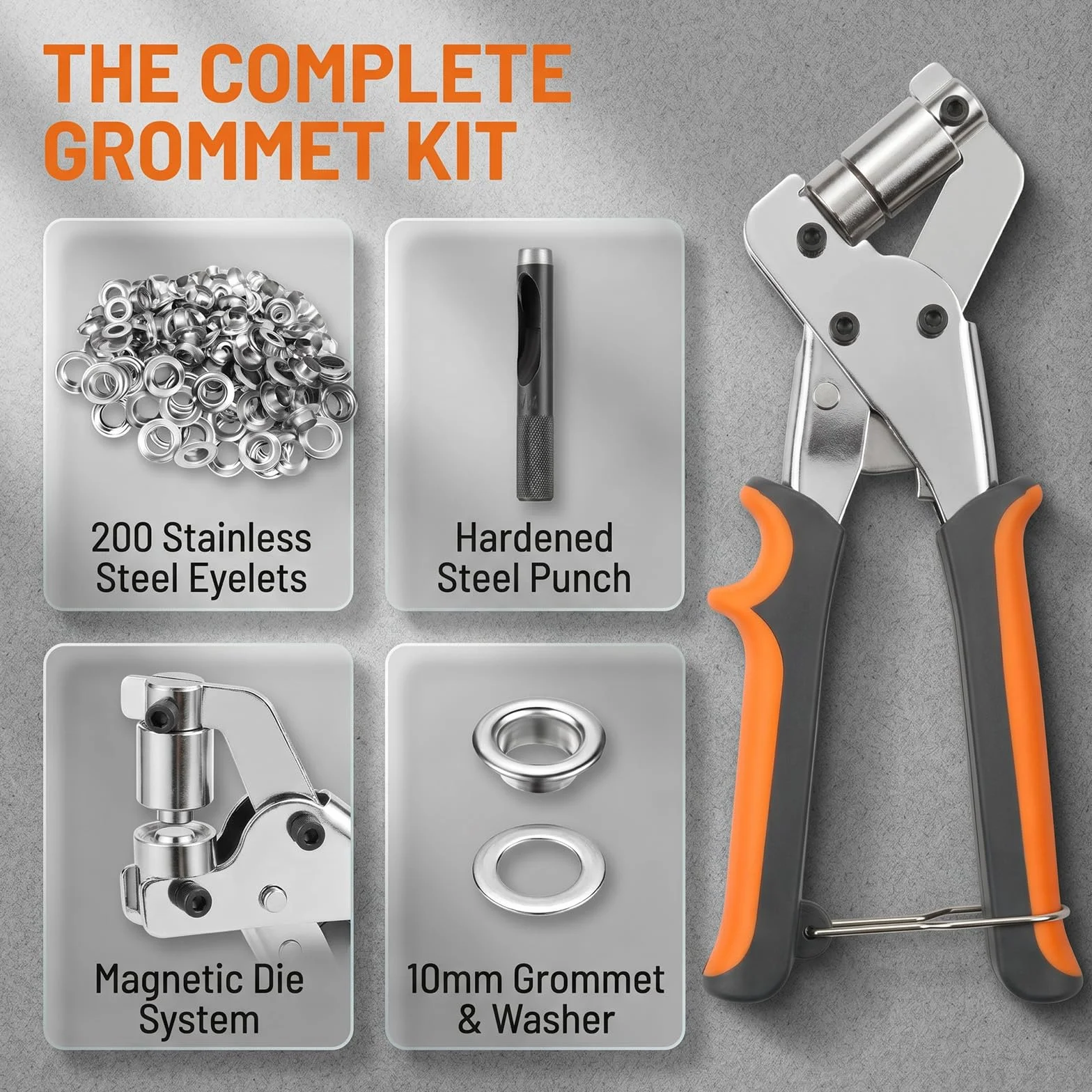 Set Occhiellatrice con 200 Occhielli Ø10mm, Pinza per Occhielli con Punzonatrice Manuale, Pinza Occhielli per Tessuti e Teloni, per Pelle PVC Tende Fai da Te