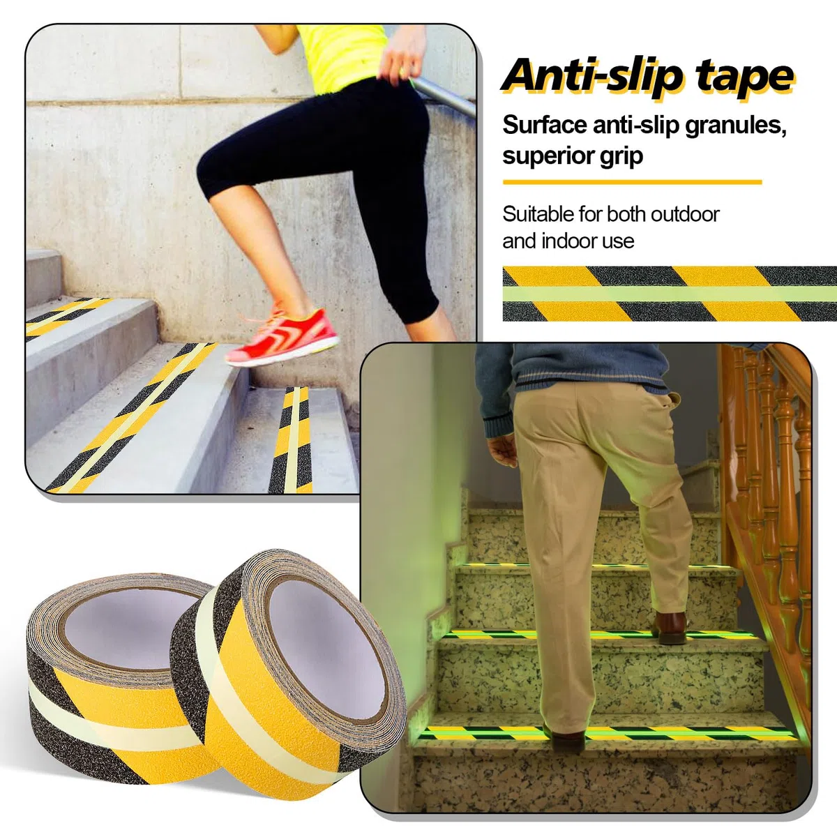 2 Pezzi Nastro Antiscivolo per Gradini Strisce Antiscivolo per Scale Esterne Fluorescente Autoadesivo Nastro di Segnalazione per Scale, Gradini, Rampe e Pavimenti, 5 m x 5 cm, Nero e Giallo