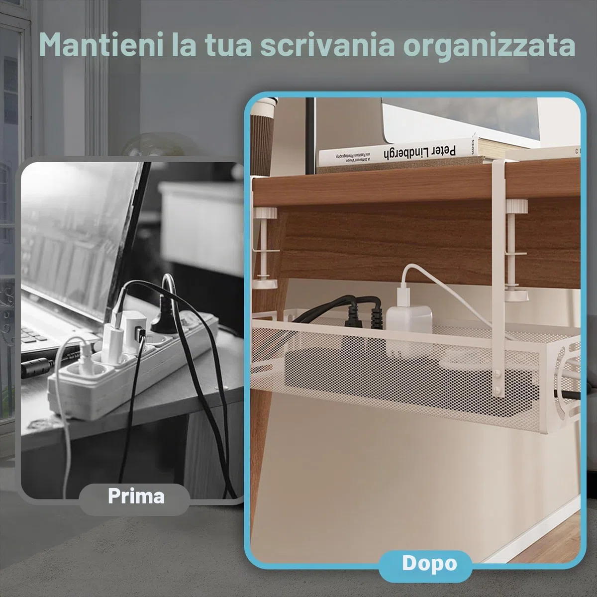 porta cavi scrivania,wire organizer for desk,Vassoio Per La Gestione Dei Cavi Sotto La Scrivania, Organizer Per Cavi Senza Trapano, Scatola di Gestione dei Cavi da Scrivania BIANCO 1 PACK