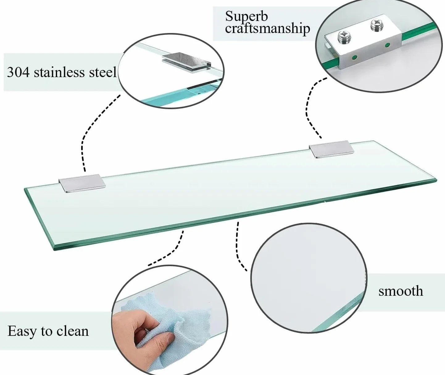 Mensola per Doccia Ripiani in vetro Temperato Mensola da parete in vetro da 8 mm Mensola da parete in acciaio inox cromato staffa per bagno e cucina (25CM)