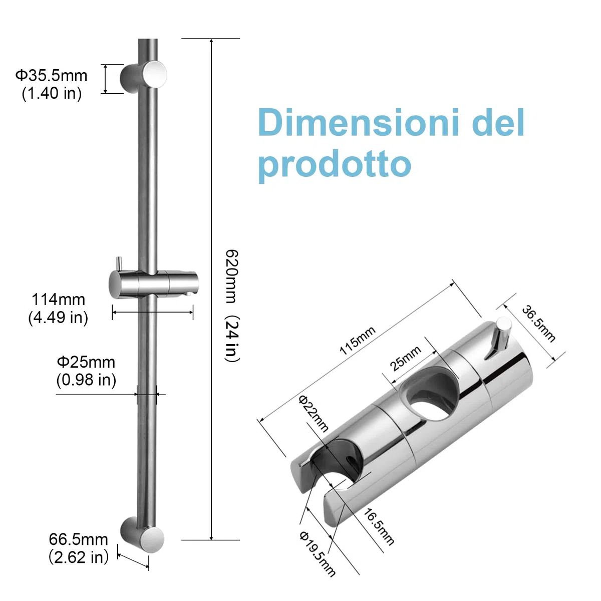 OFFO Asta saliscendi per doccia, 62 cm, montaggio a parete, distanza regolabile da 28 a 61 cm, con supporto di ricambio per soffione doccia, cromato