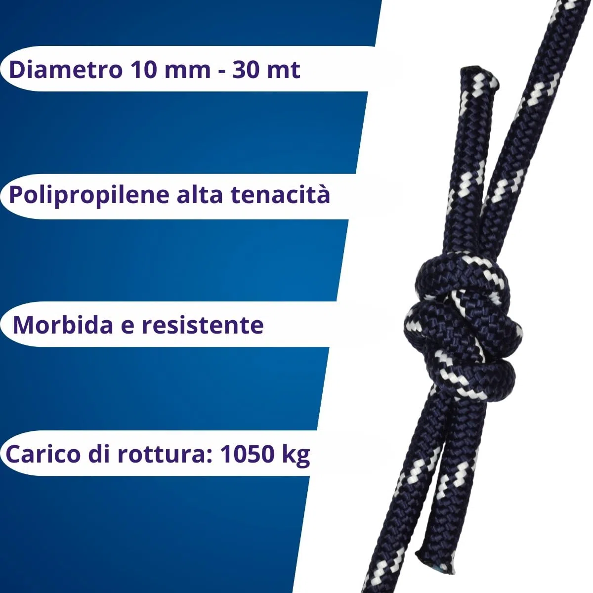 006009146 Treccia corit blu, 10 mm - 30 mt, Corda intrecciata multiuso resistente ai raggi U.V. e all'abrasione, per attività all'aperto, giardino, mare, guinzagli e fai da te, rottura 1050 kg