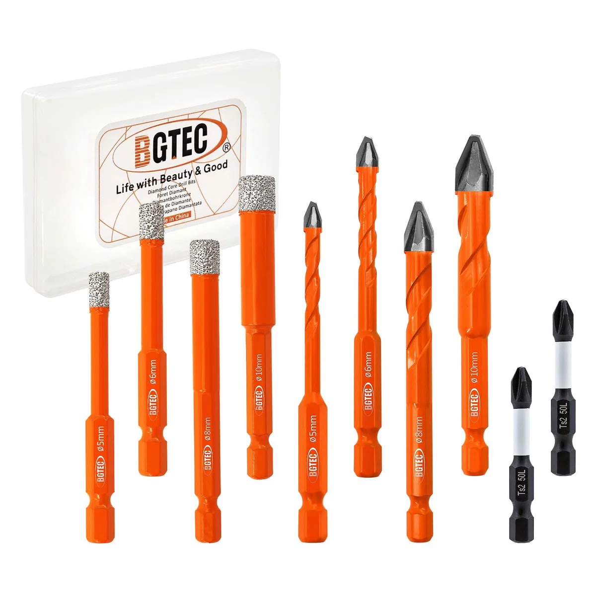 BGTEC Punte Trapano Diamantate 10 pezzi- 5/6/8/10MM + Trapano in Carburo 5/6/8/10MM per Piastrelle, Ceramica, Marmo, Granito, Cemento, Legno, Plastica, Muratura - con punta a cacciavite PH2