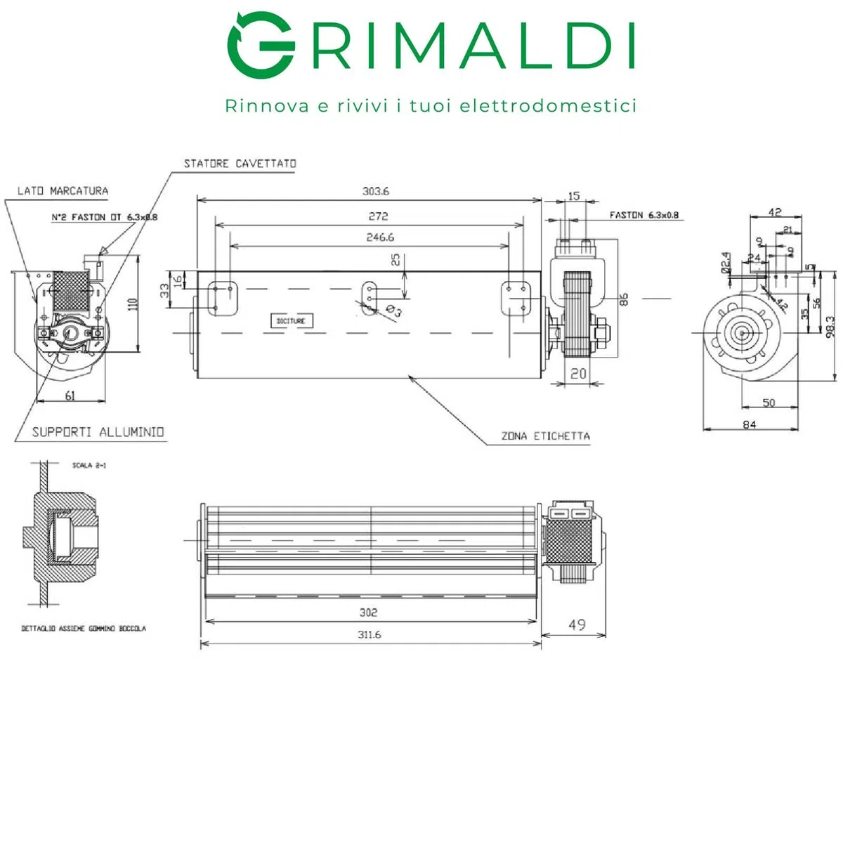 G GRIMALDI Motore Ventilatore Tangenziale Ventola per Caminetti, Stufe, Forni e Termoconvettori, 20W Lunghezza 300mm, Motore DESTRO ORARIO | Made in Italy | Silenzioso ed Efficiente