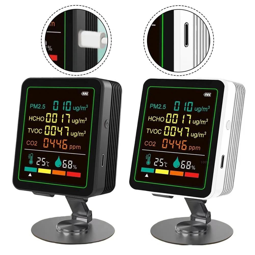 Monitor della qualità dell'aria interna 6 in 1 con TVOC, PM2.5, CO2, formaldeide, rilevamento temperatura e umidità, schermo a colori LED intelligente, ricarica USB-C