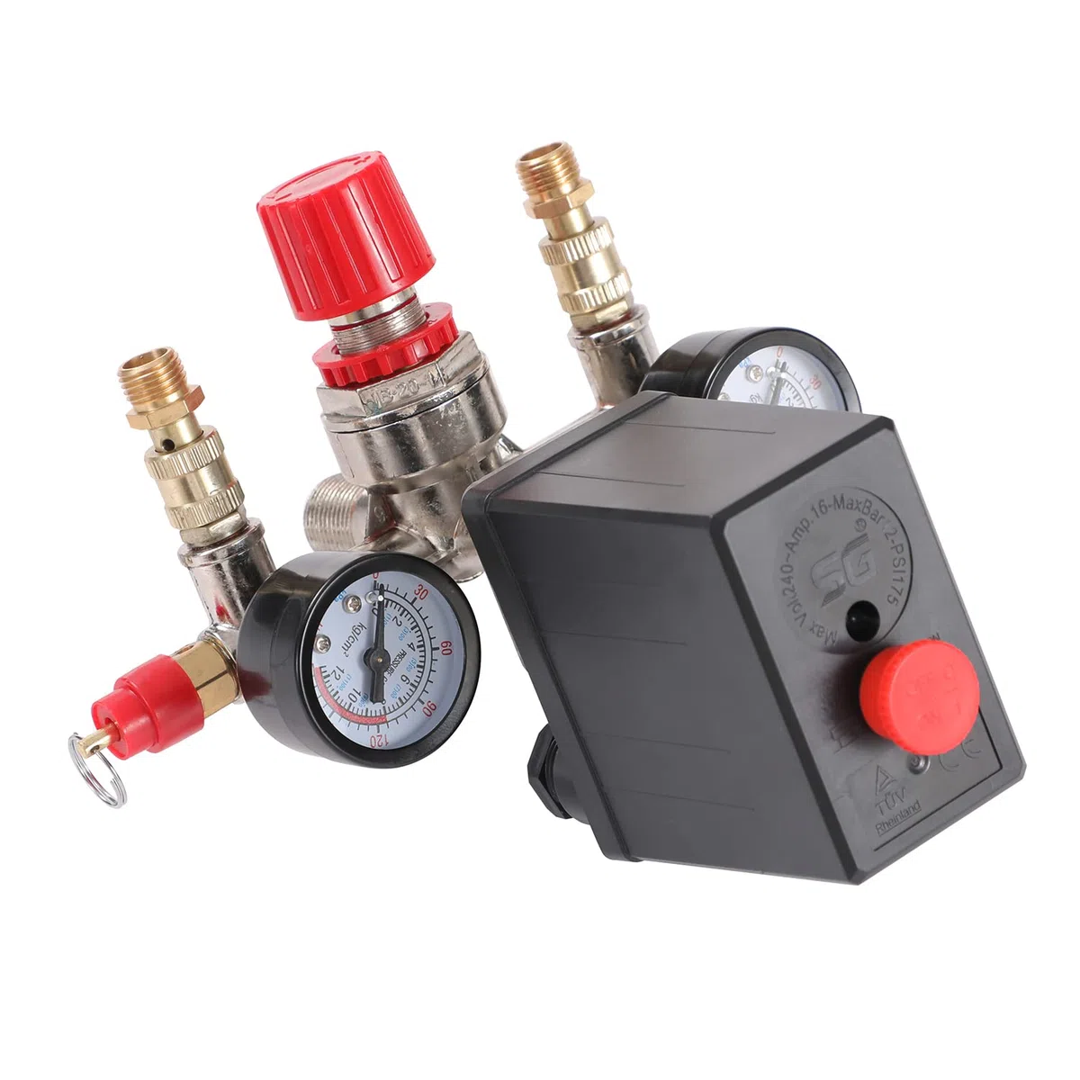 ORAZIO Interruttore di Controllo della Pressione del Compressore d'Aria G1/4" con Doppia Uscita e Valvola di Sicurezza Regolatore di Manometri Accessorio per Utensili Pneumatici