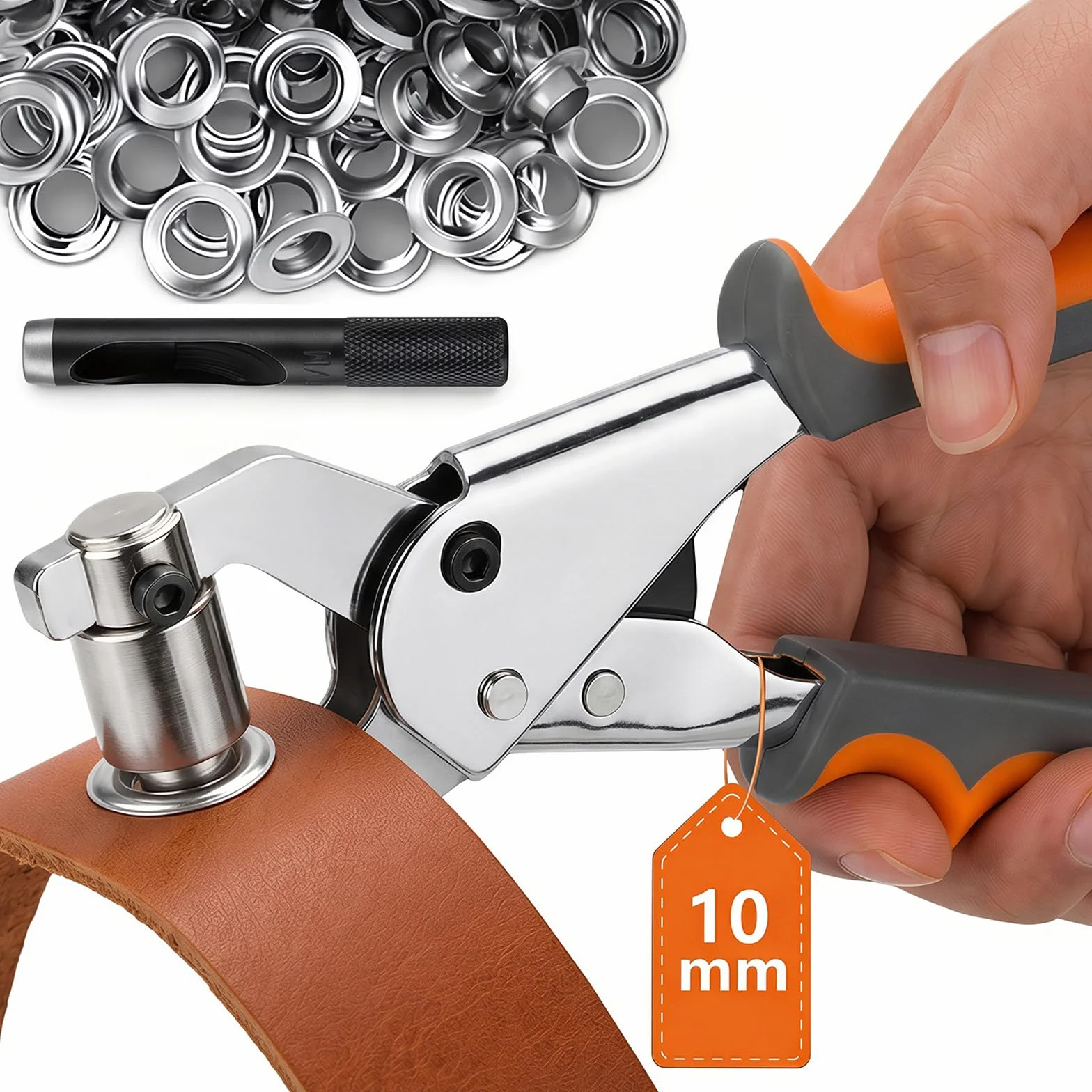 Set Occhiellatrice con 200 Occhielli Ø10mm, Pinza per Occhielli con Punzonatrice Manuale, Pinza Occhielli per Tessuti e Teloni, per Pelle PVC Tende Fai da Te