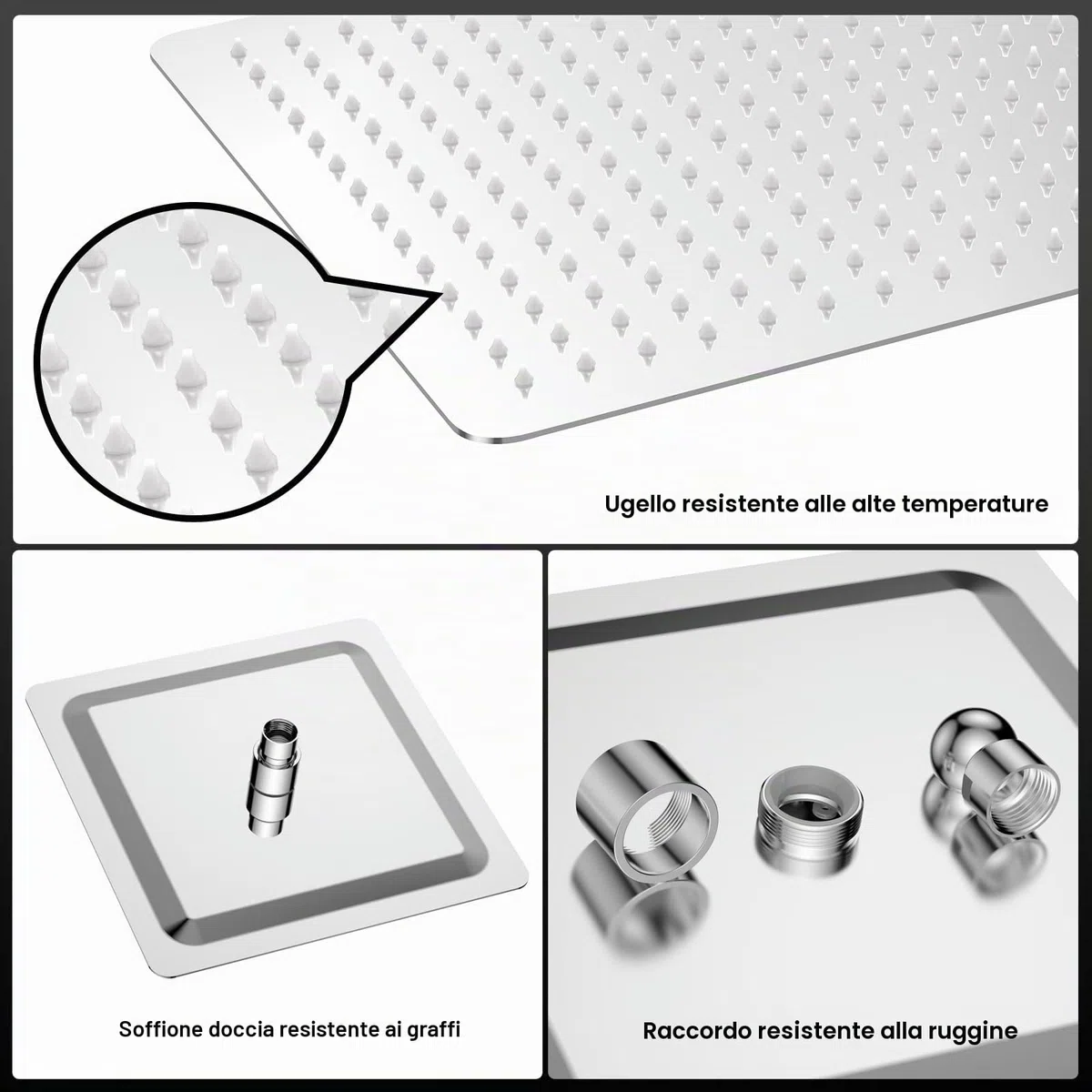 YEAUPE PRO Doccia a pioggia 12 pollici - Soffione doccia angolare in acciaio inox 304 ad alta pressione con ugelli autopulenti, montaggio a soffitto, cromato (30 x 30 cm)