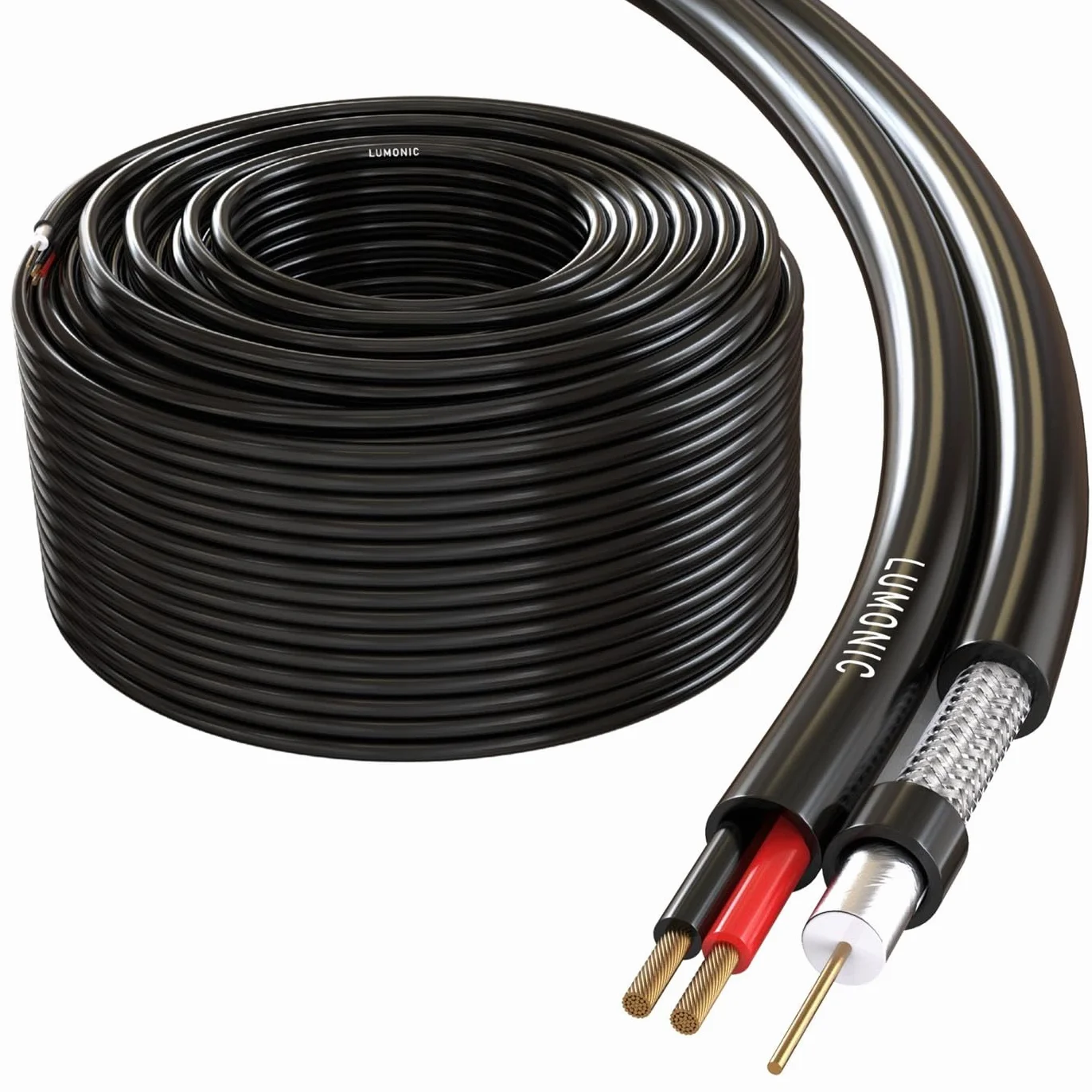 Lumonic RG59 RG59 Cavo coassiale + Linea elettrica 50m | Cavo di sorveglianza TVCC con alimentazione | Cavo combinato a 75 Ohm, Doppia schermatura, 90dB Smorzamento, Video + Elettricità