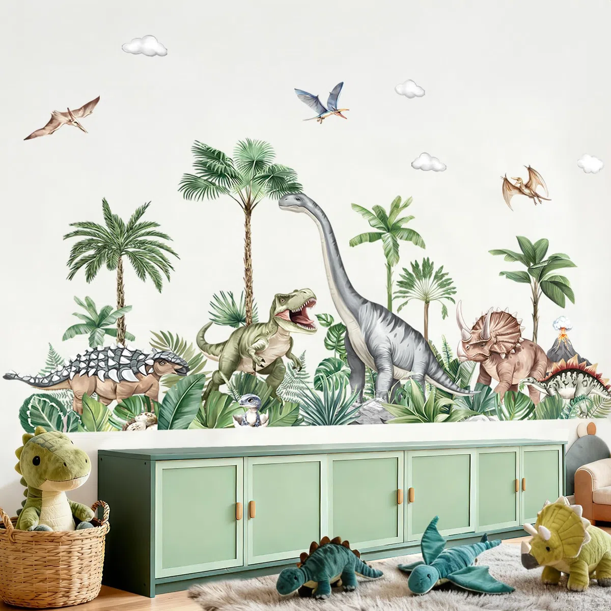 decalmile Adesivi Murali Dinosauro Grande Adesivi da Parete Dino Tropicali Palme Piante Decorazione Murale Asilo Nido Camerette Bambini Camera da Letto